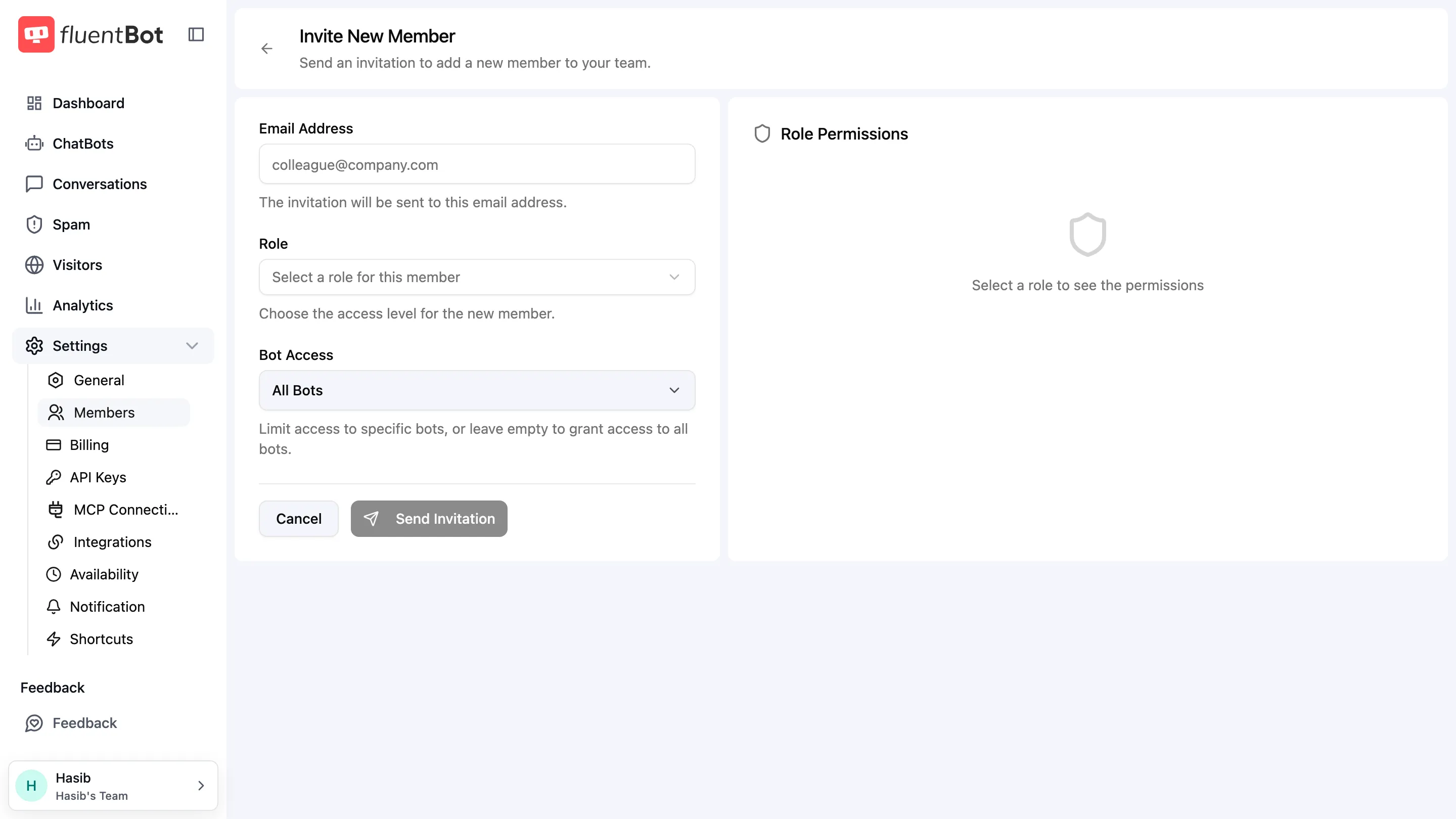 Invite New Member form with Email Address, Role dropdown, and Bot Access selector. Right rail shows Role Permissions preview.