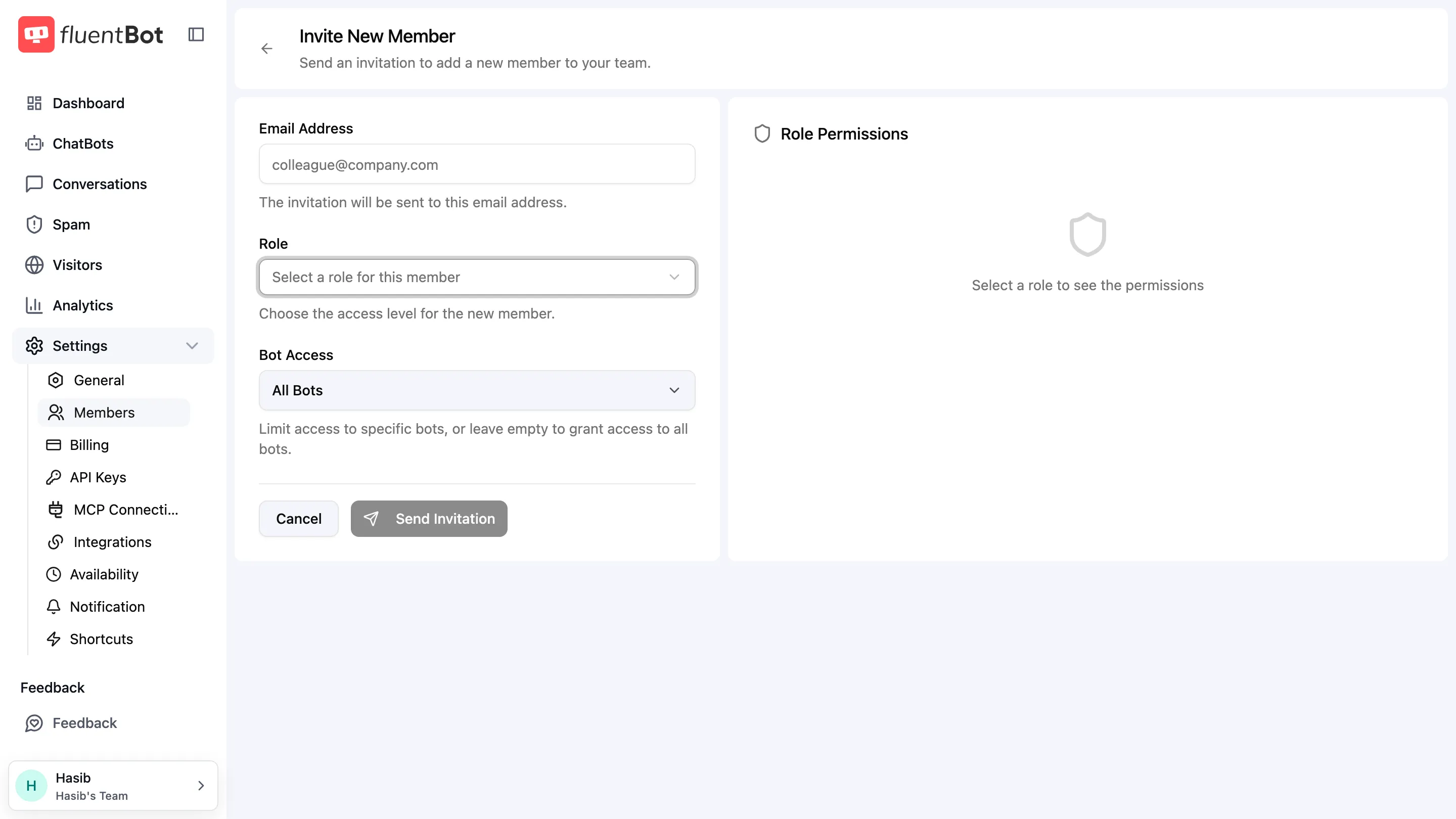 Role dropdown open showing Team Admin, Bot Admin, Bot Editor, Bot Viewer, Chat Agent options