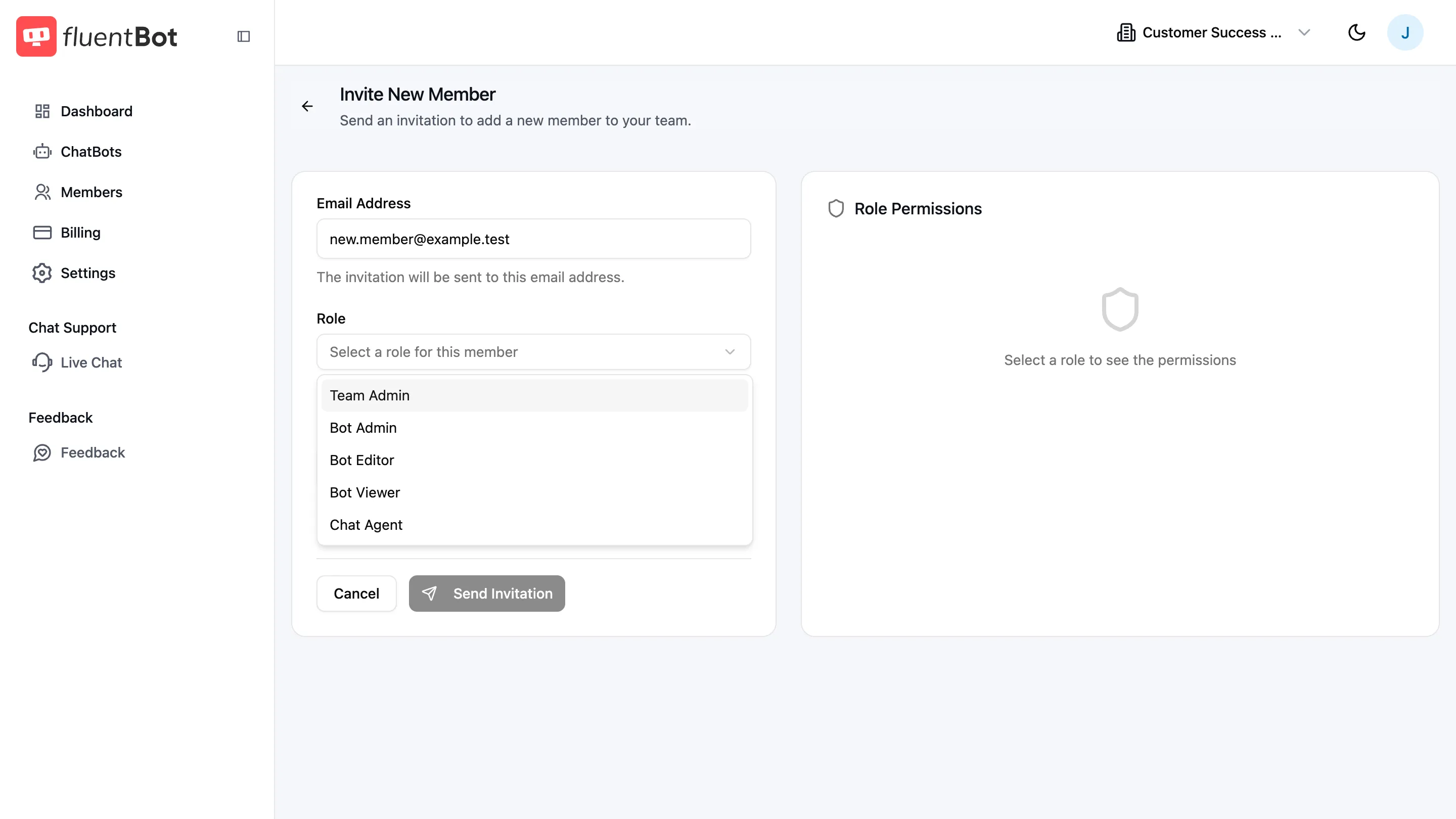 Role dropdown open showing Team Admin, Bot Admin, Bot Editor, Bot Viewer, Chat Agent options