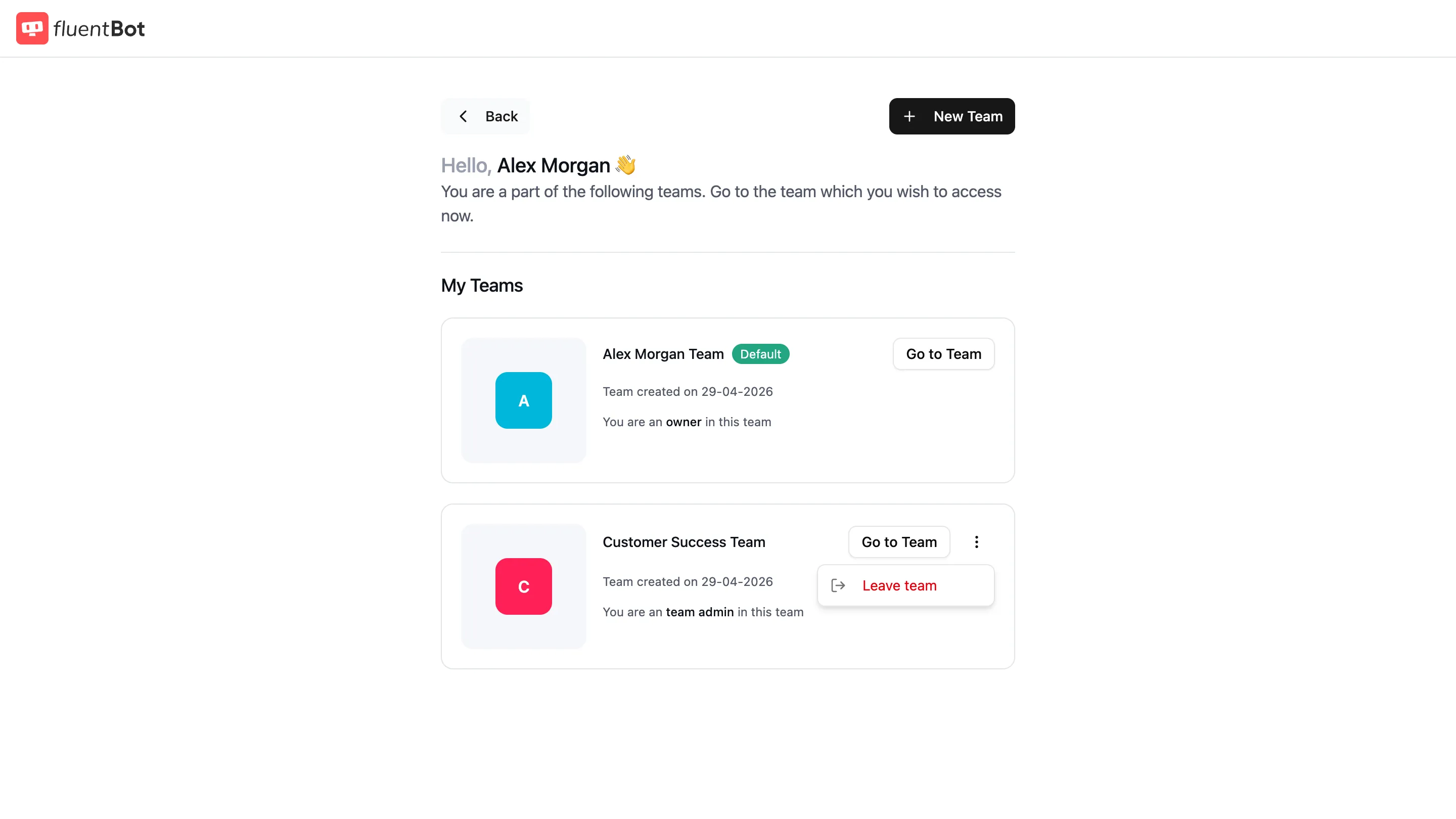 My Teams page for a team admin showing the actions menu open with Leave team