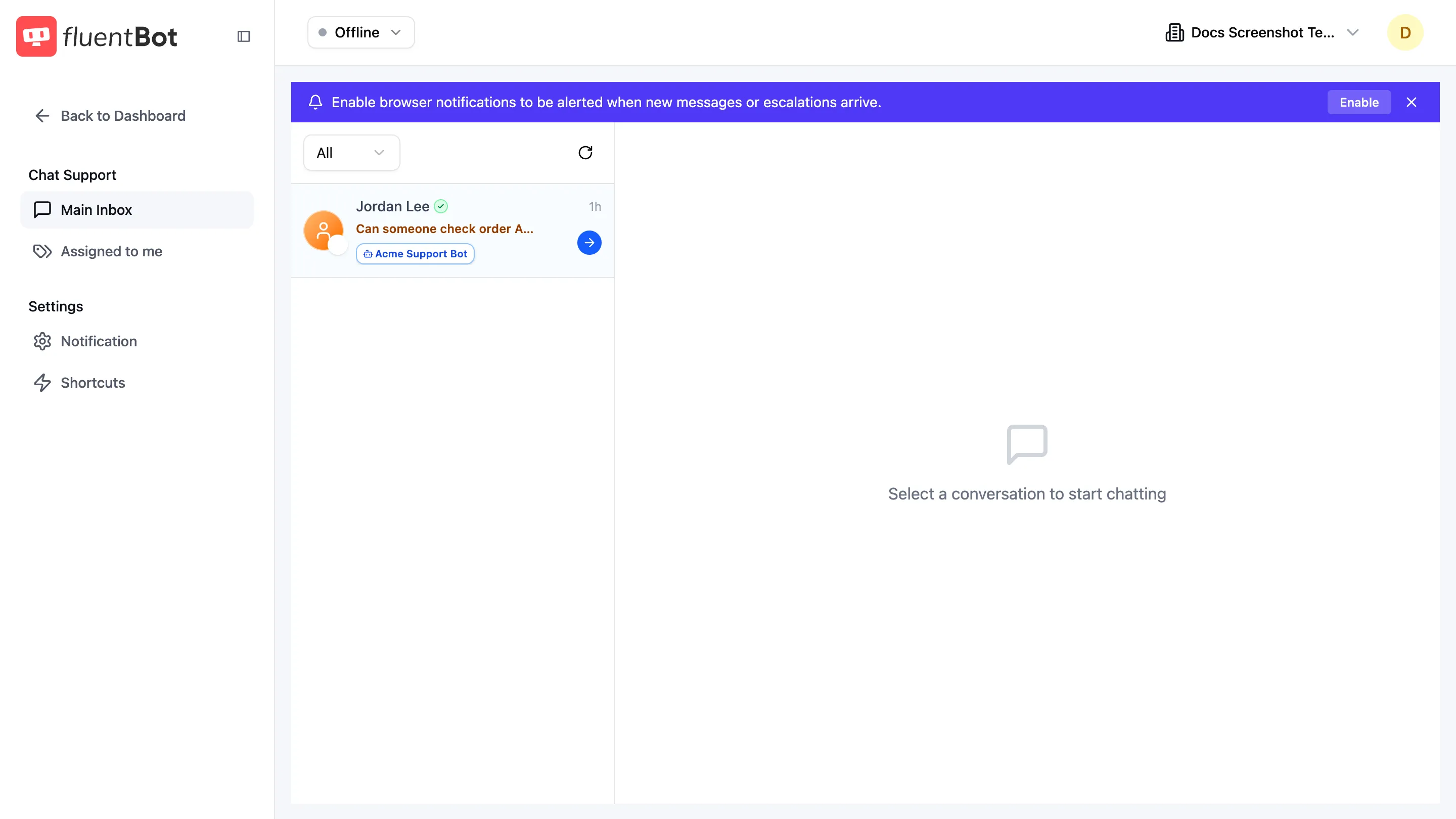 Live Chat inbox showing the agent Offline status control and browser notification enable banner