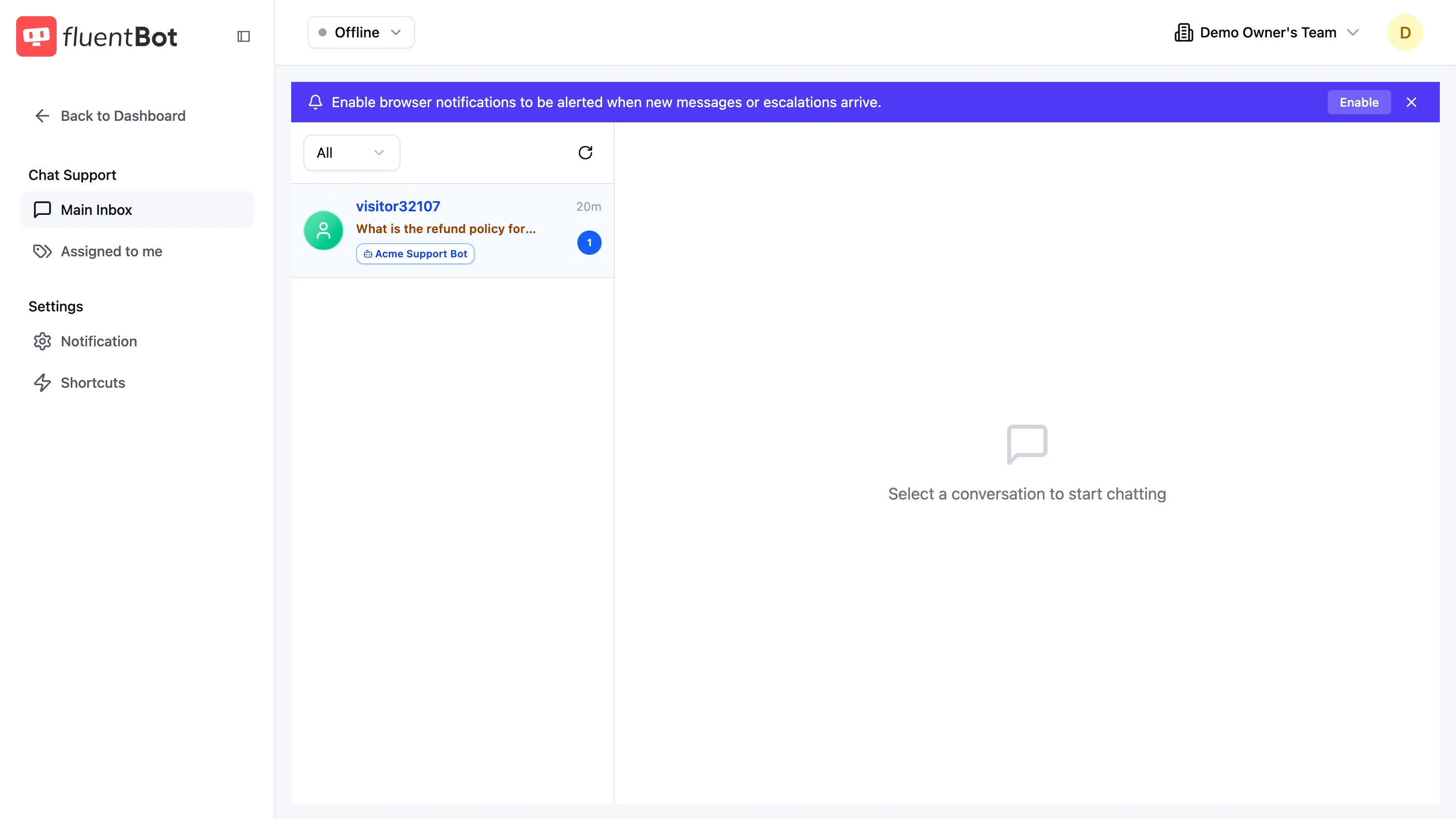 Live Chat inbox with one pending live chat row in the conversation list — visitor name, last message preview, source bot name — and an empty selected-conversation pane on the right