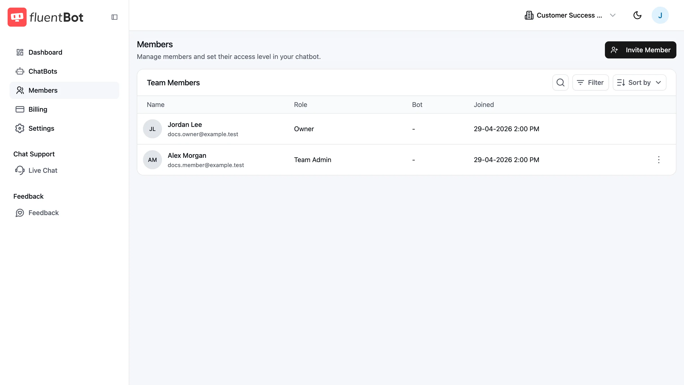 Members page showing the current team, Invite Member button, owner row, team-admin row, and row actions menu