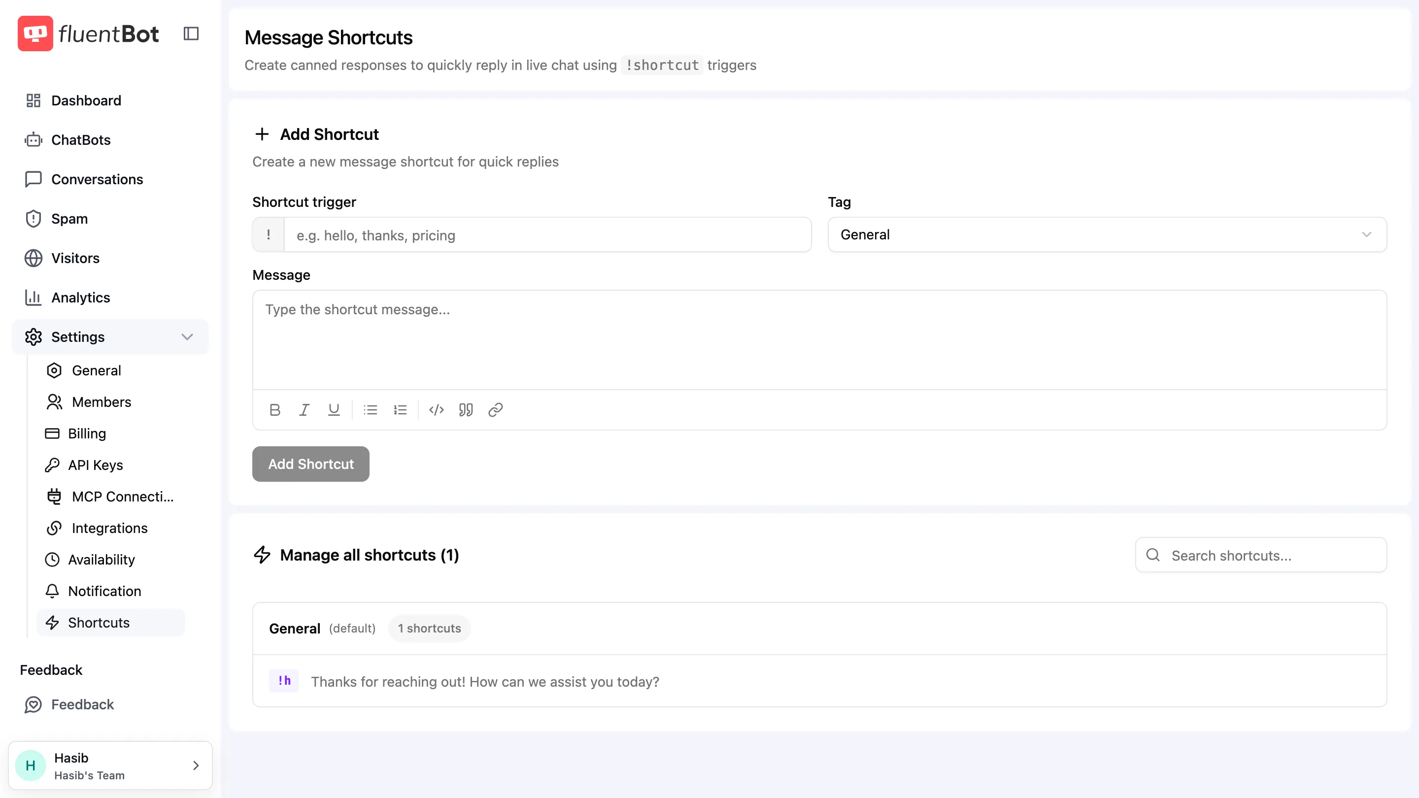 Message Shortcuts page with shortcut trigger input, tag selector, rich text message editor, Add Shortcut button, and grouped shortcut management list