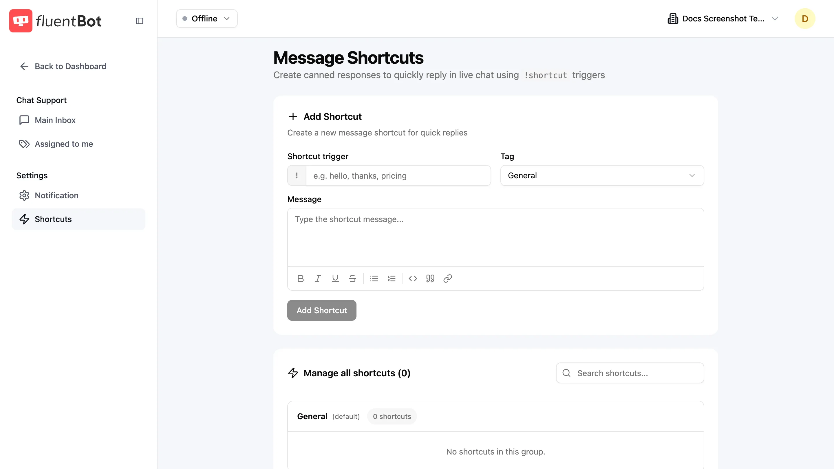 Message Shortcuts page with shortcut trigger input, tag selector, rich text message editor, Add Shortcut button, and grouped shortcut management list