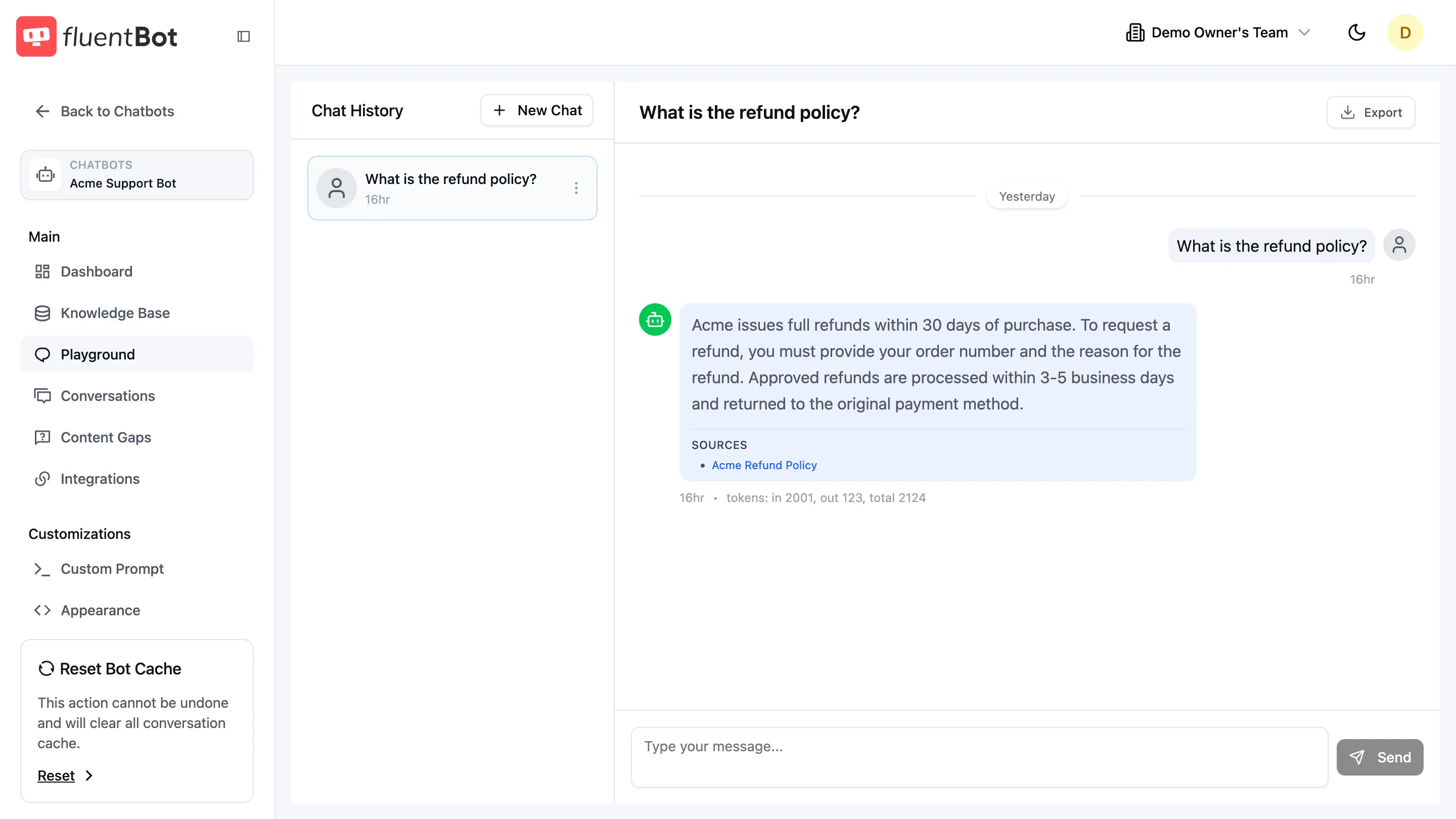 Playground after asking 'What is the refund policy?' — answer shown with Sources list, timestamp, token counts, and Export conversation button