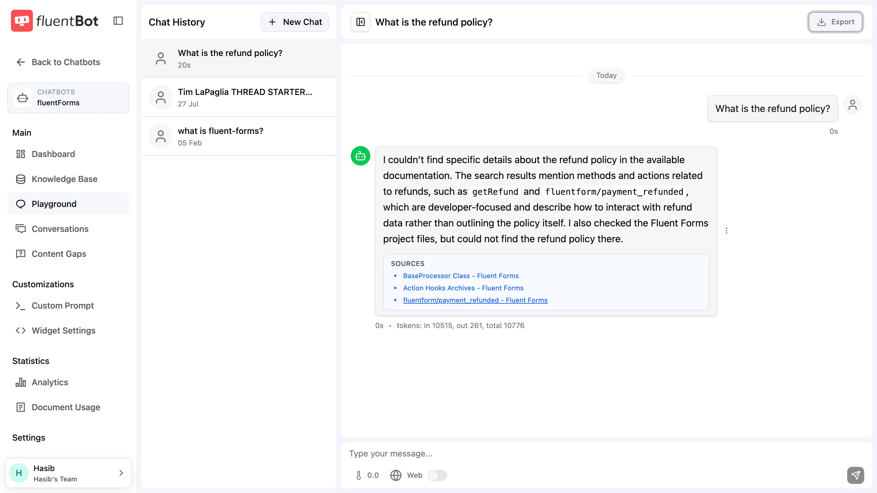 Playground after asking 'What is the refund policy?' — answer shown with Sources list, timestamp, token counts, and Export conversation button