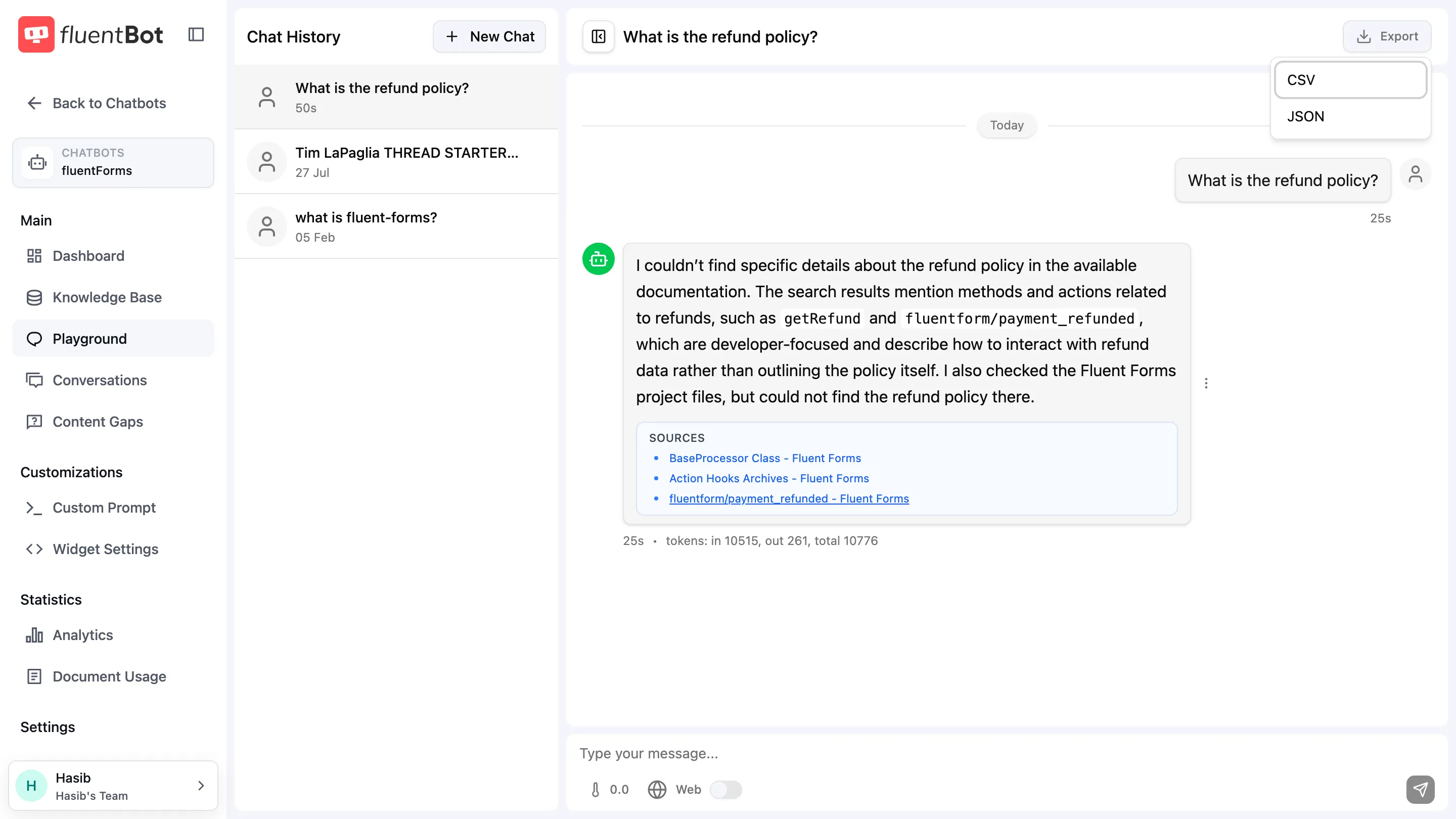 Playground with an open chat and the Export conversation popover showing CSV and JSON download buttons