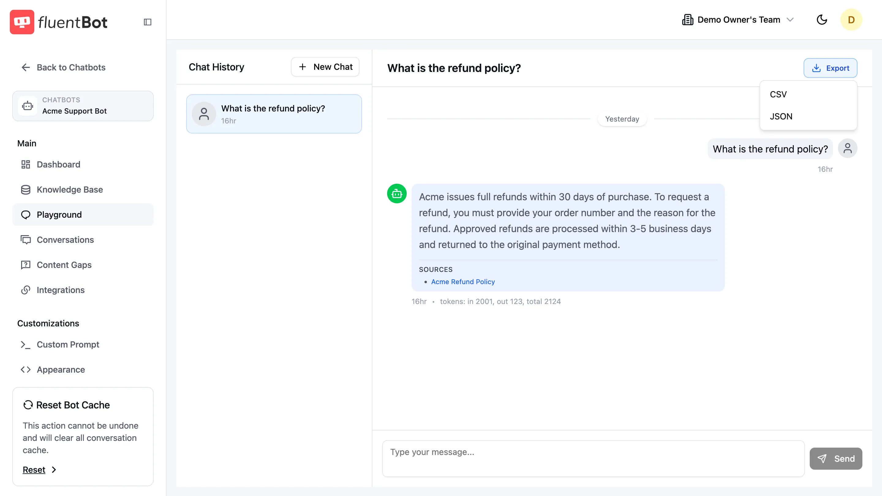 Playground with an open chat and the Export conversation popover showing CSV and JSON download buttons
