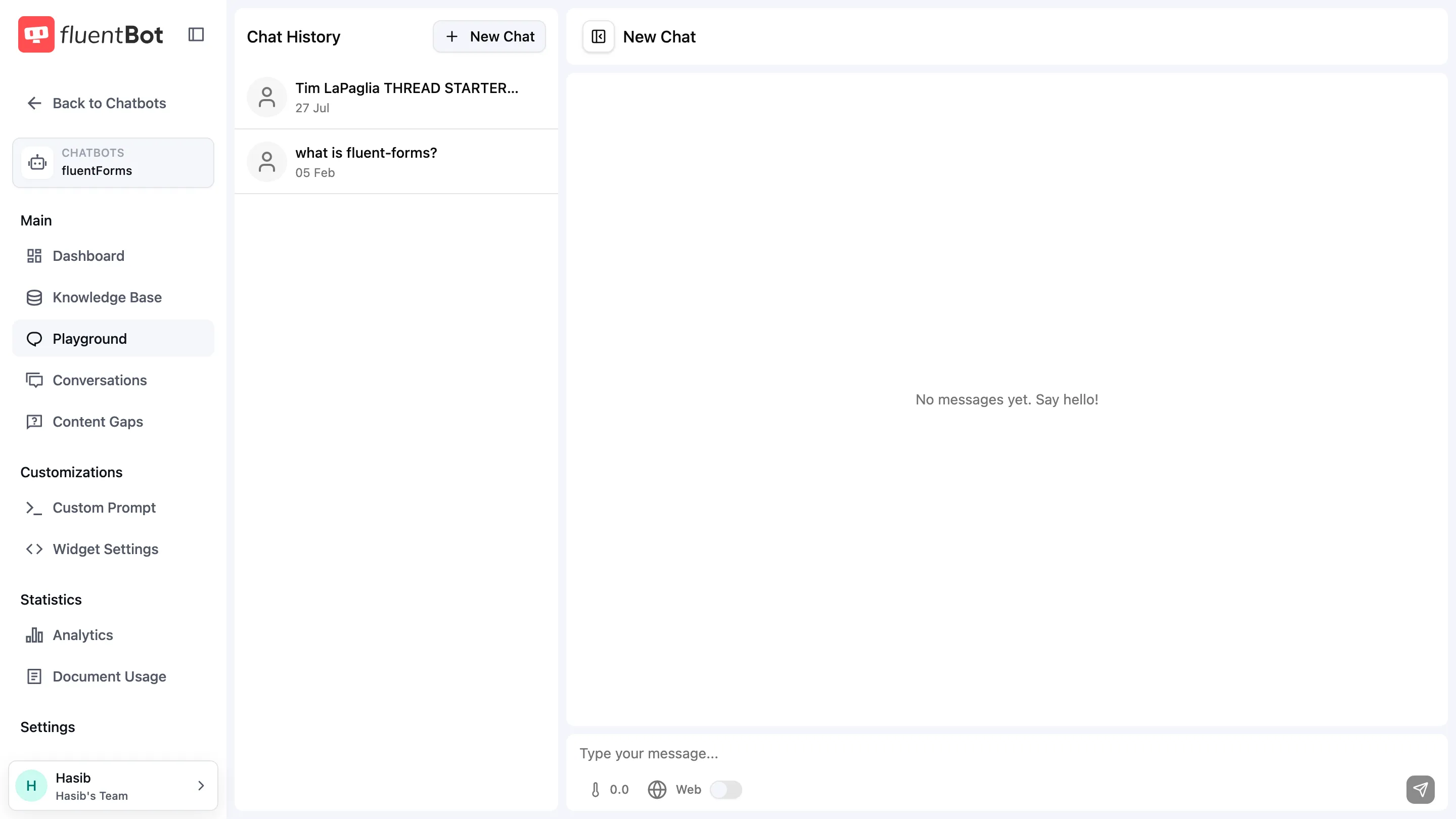 Playground with one prior chat in the Chat History rail and a fresh New Chat panel ready for input