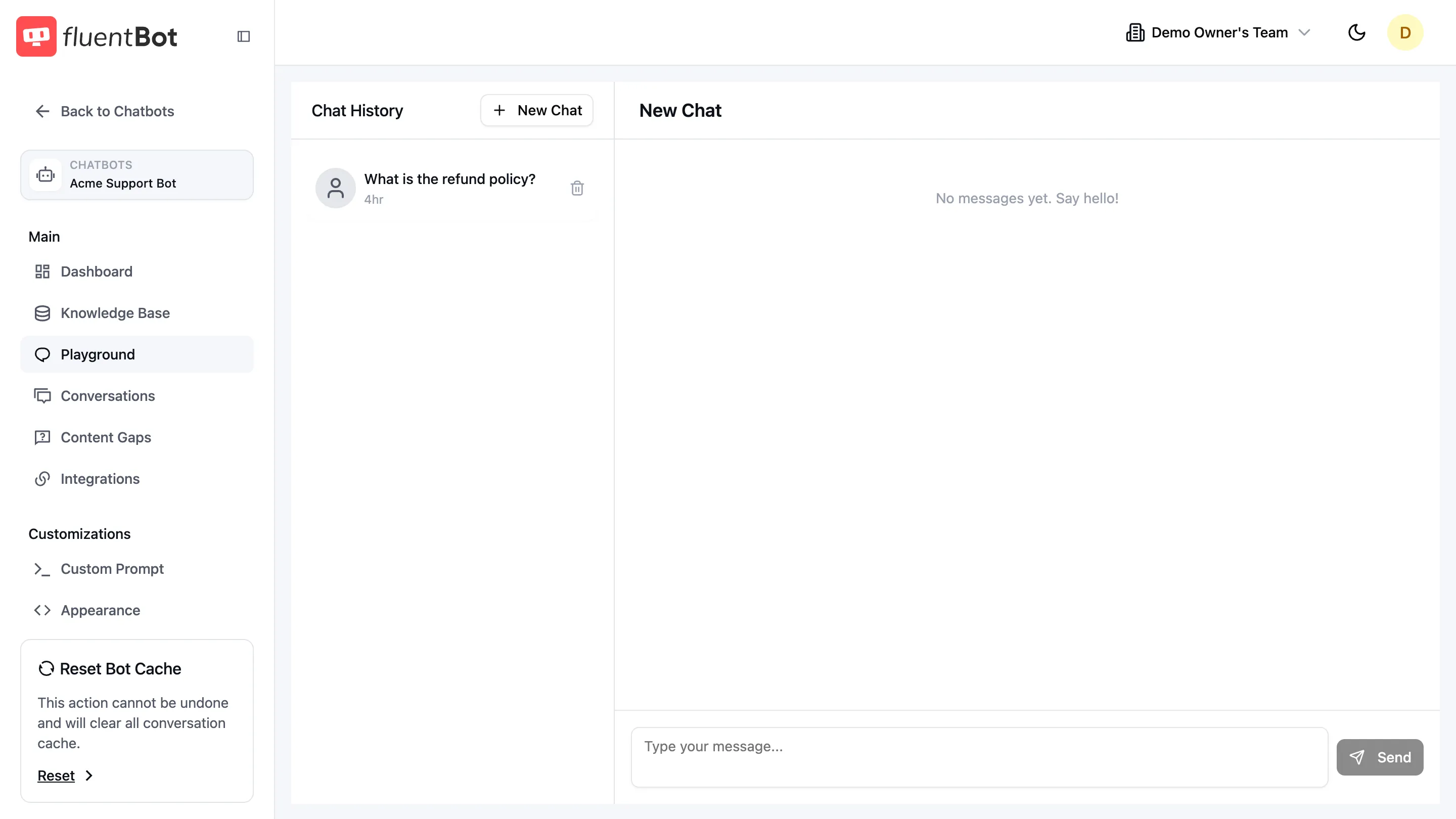 Playground with one prior chat in the Chat History rail and a fresh New Chat panel ready for input