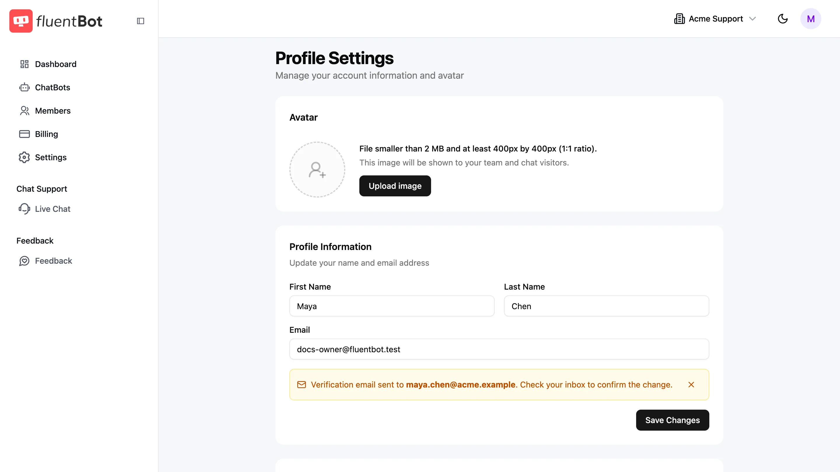 Profile Settings page with Avatar upload, Profile Information form, Change Password form, and Delete Account block
