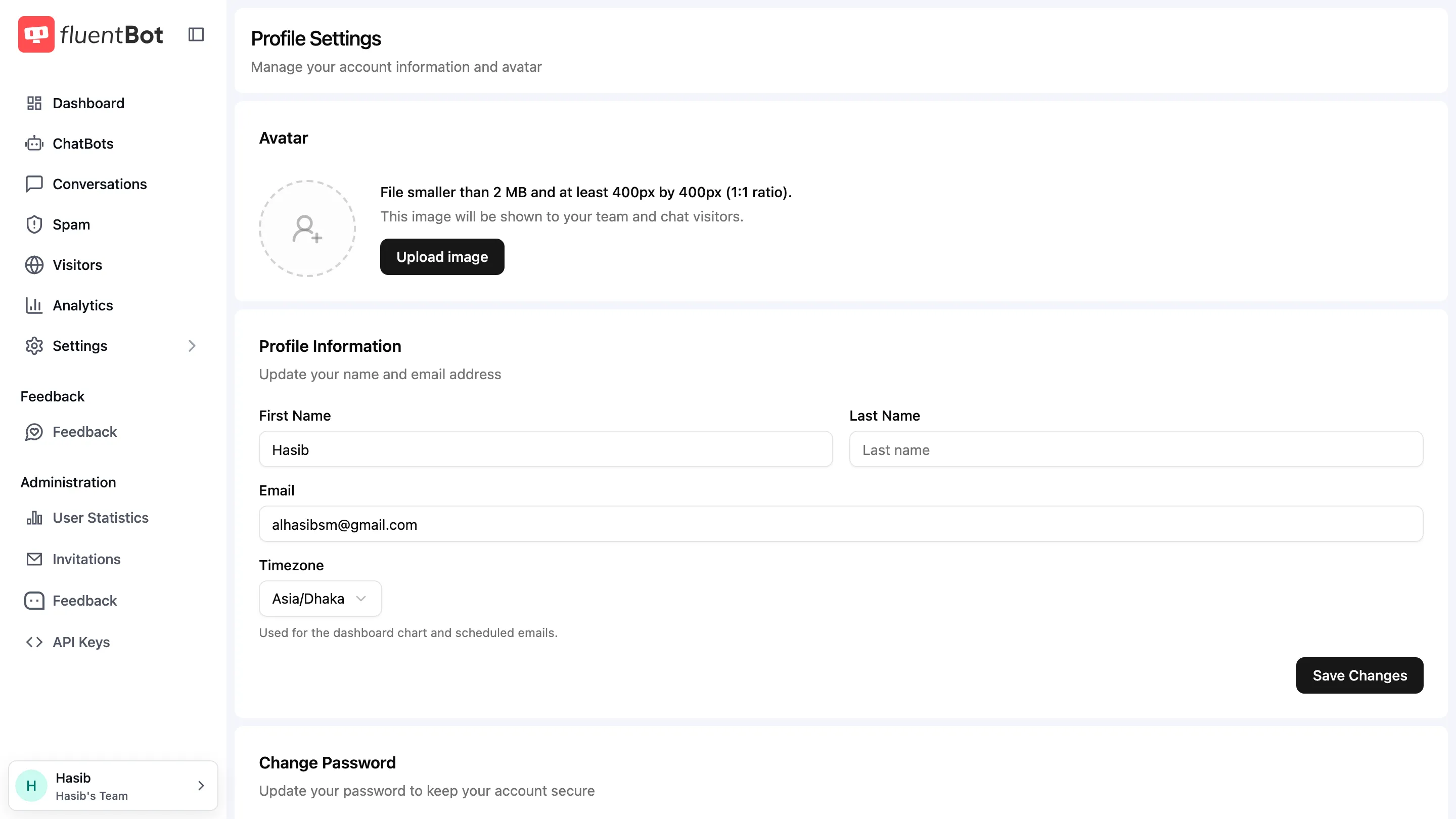 Profile Settings page with avatar upload, first name, last name, email, and Save Changes controls