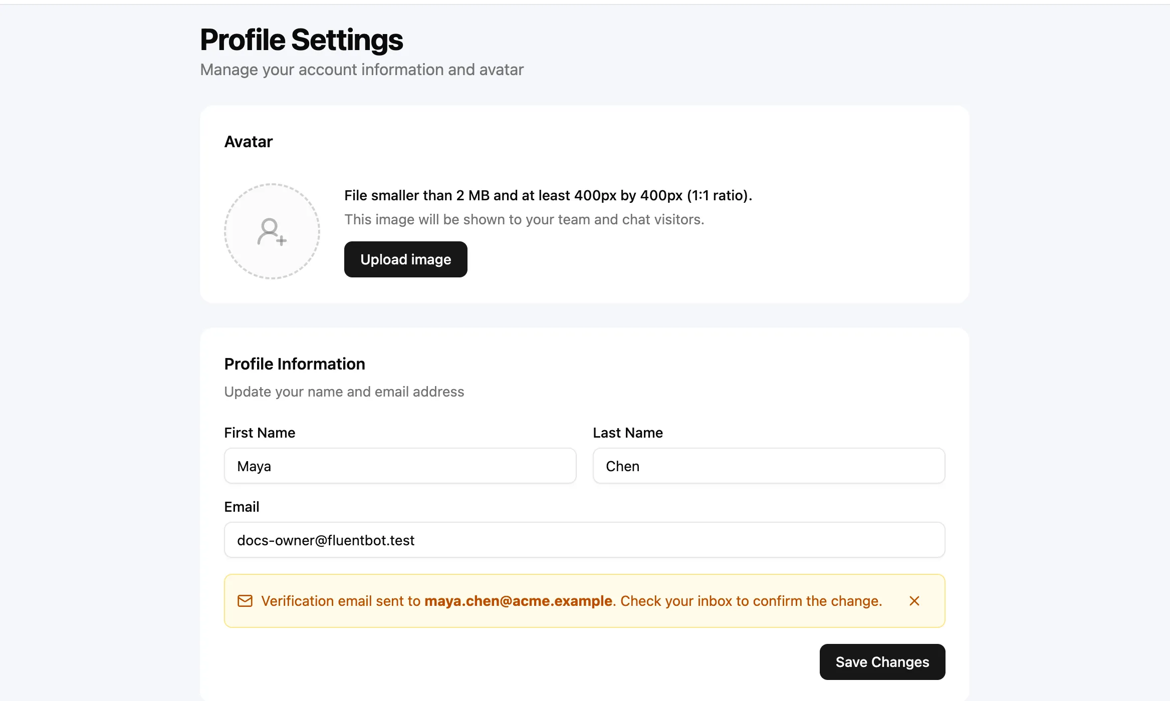 Profile Settings page with avatar upload, first name, last name, email, and Save Changes controls