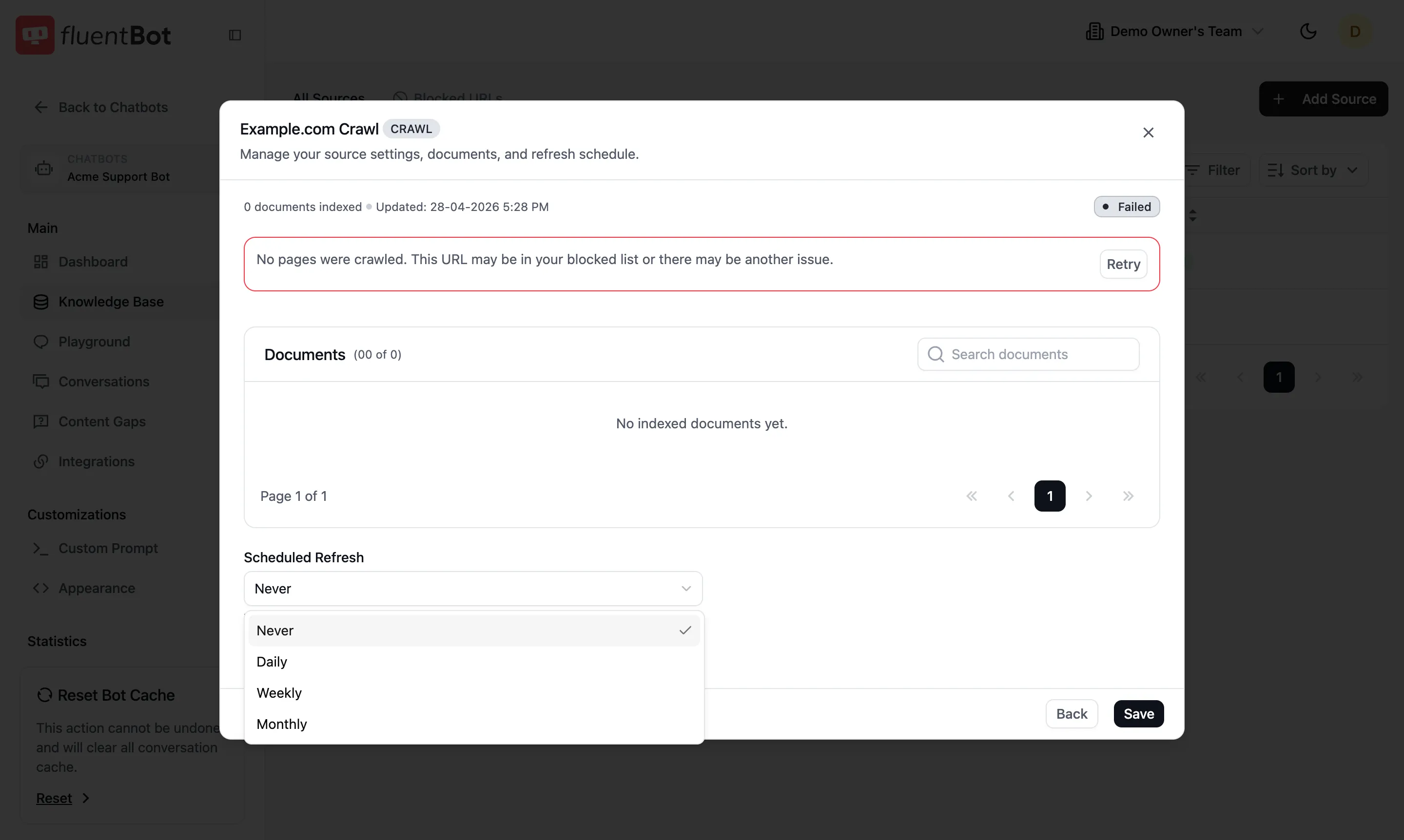 Source detail dialog with Scheduled Refresh dropdown open showing Never, Daily, Weekly, Monthly options