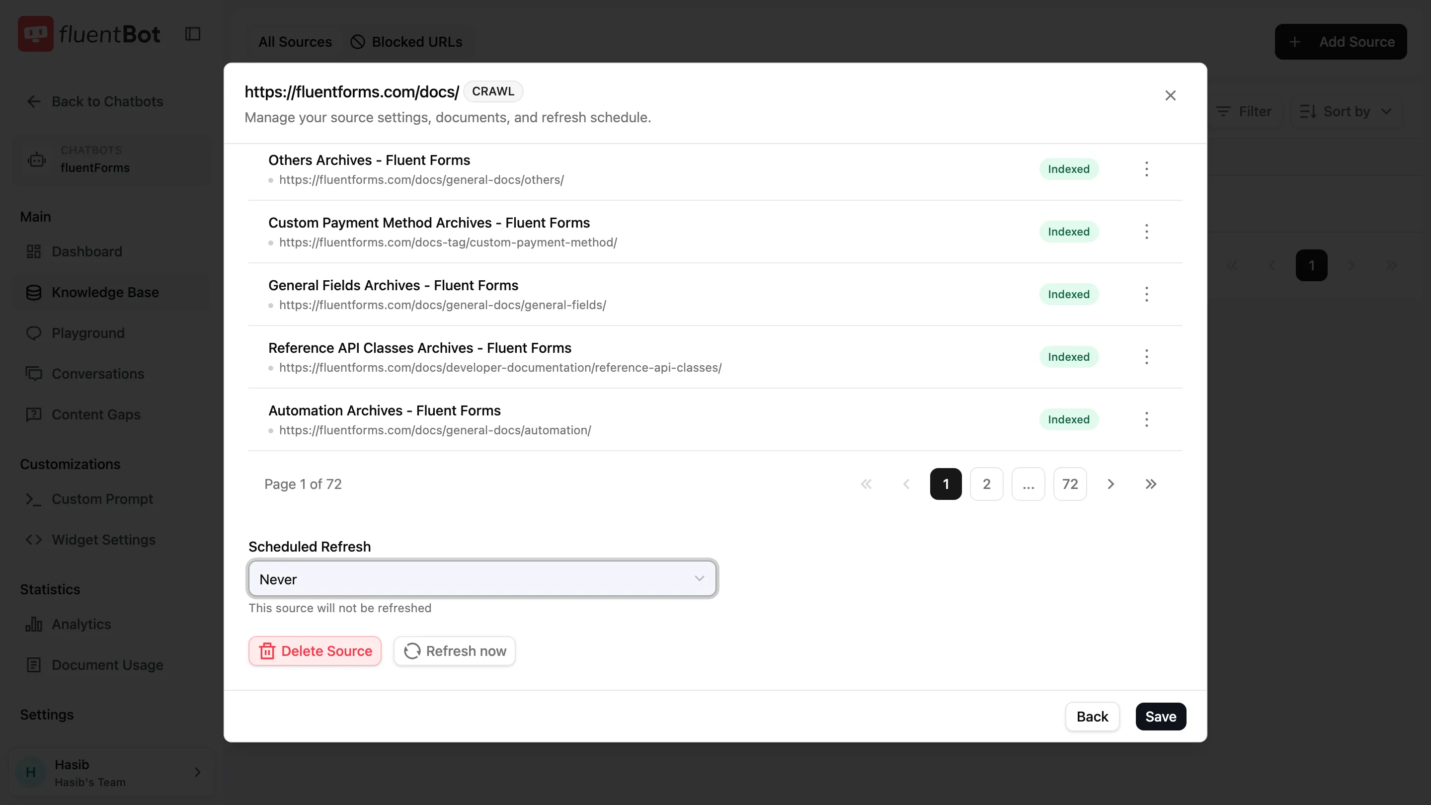 Source detail dialog with the Scheduled Refresh dropdown showing Never, Daily, Weekly, Monthly options