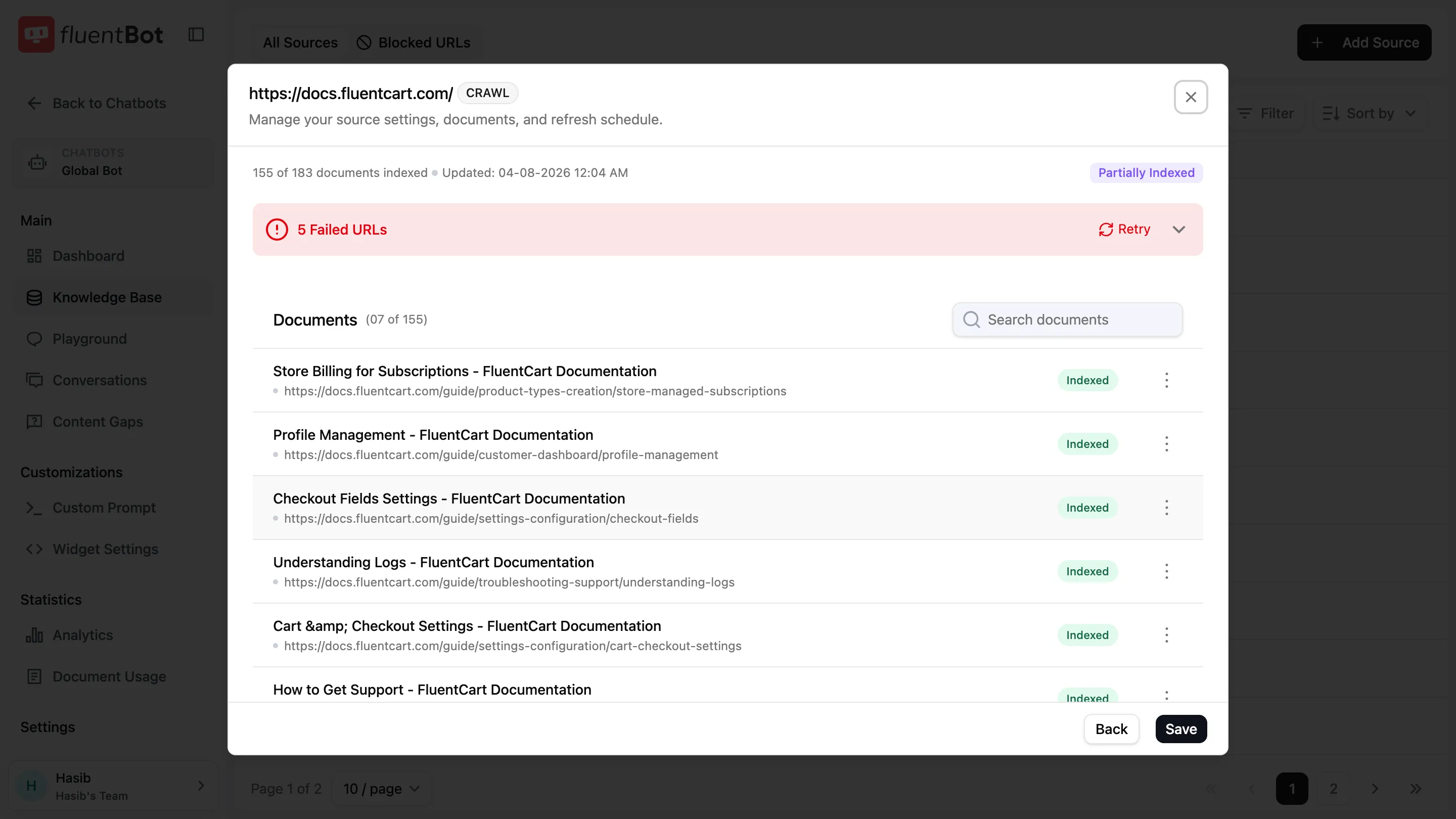 Source detail dialog for a Partially Indexed source showing the documents list and the Refresh now button