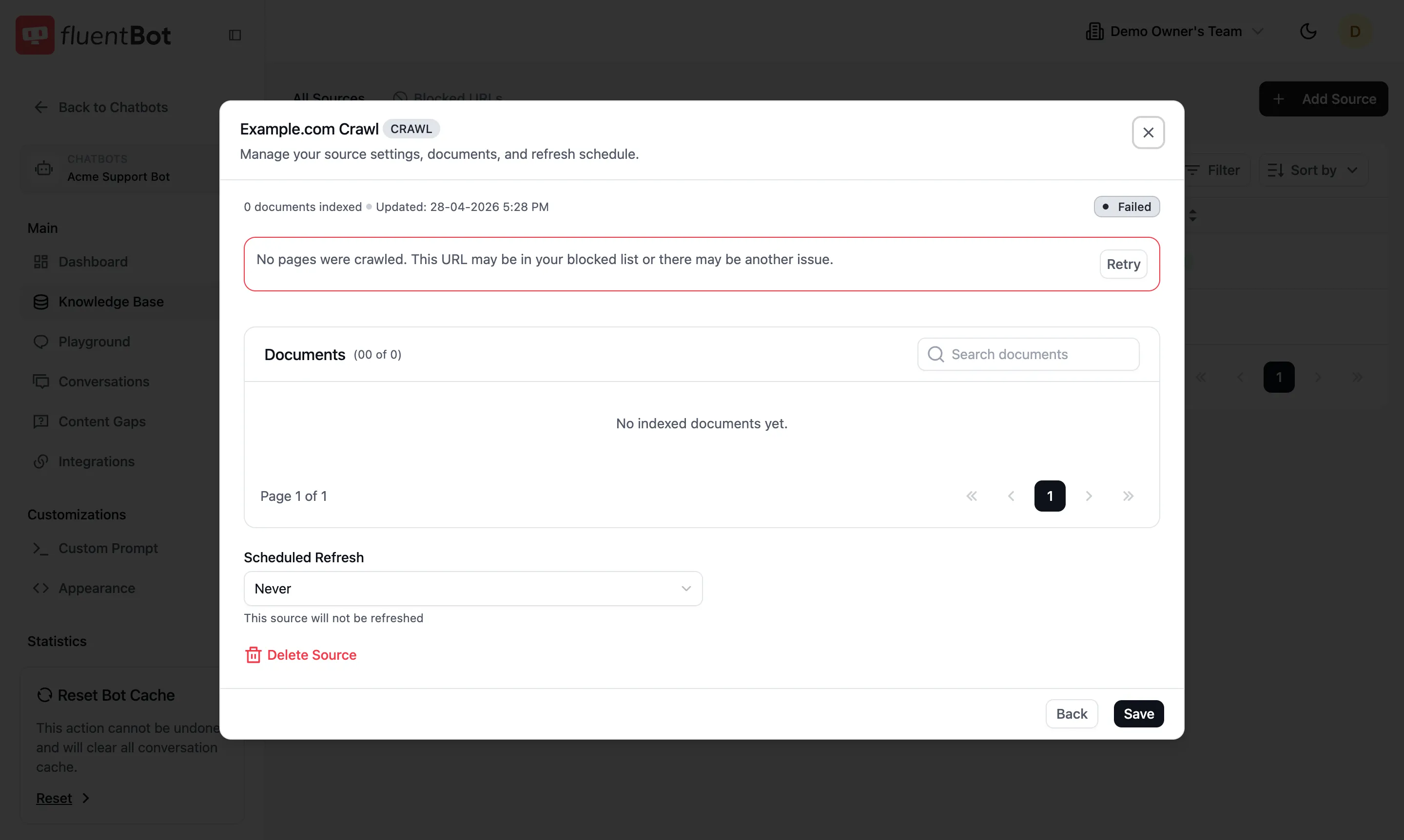 Source detail dialog showing Failed status with the Retry button and reason text