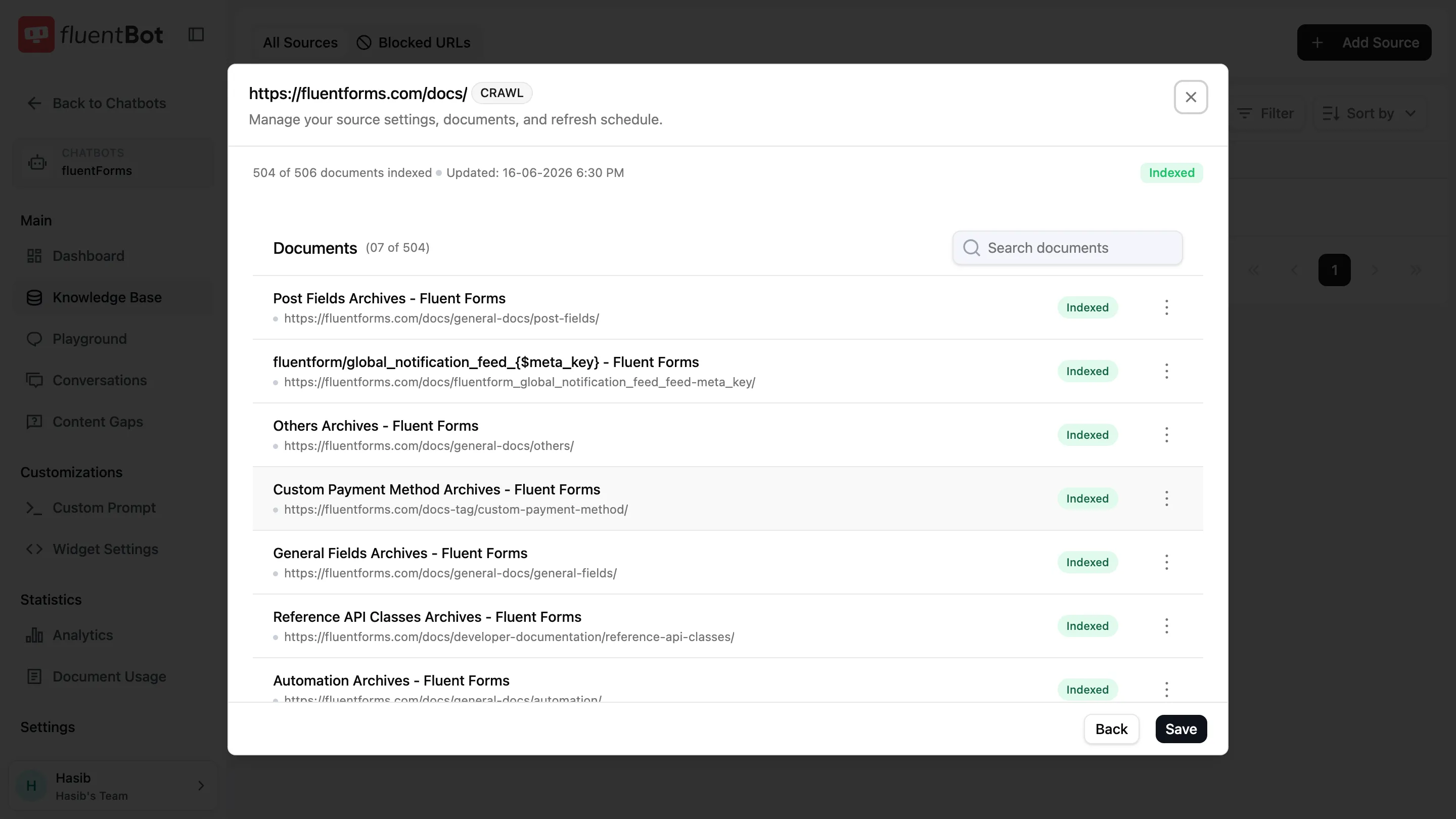 Source detail dialog for an Indexed source — Documents list with per-document actions menus, Scheduled Refresh, Delete Source and Refresh now controls