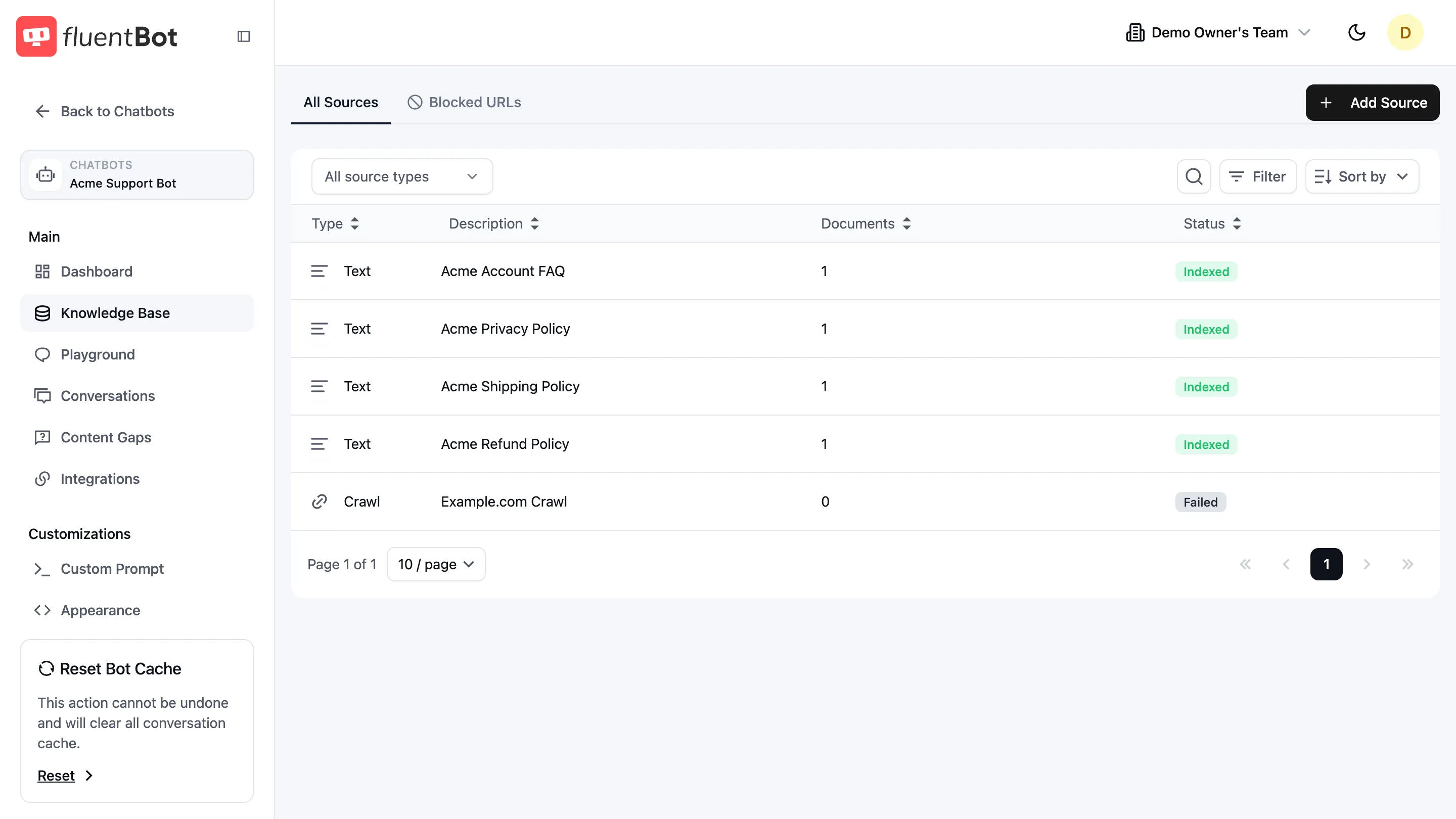 Knowledge Base view with All Sources tab active — table showing source rows, Add Source button top-right, filter and sort controls above