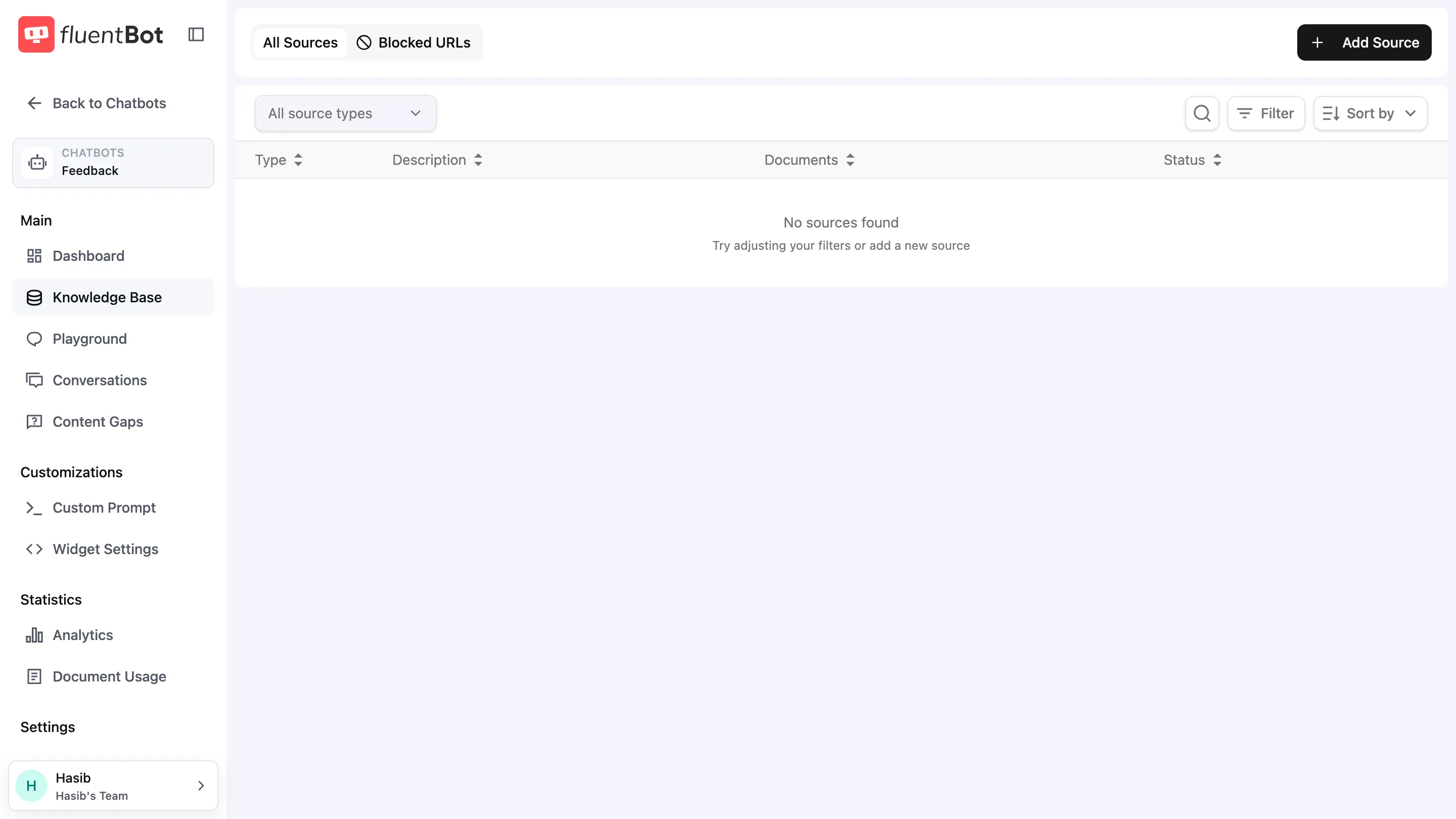 Knowledge Base view with All Sources tab active — table showing source rows, Add Source button top-right, filter and sort controls above