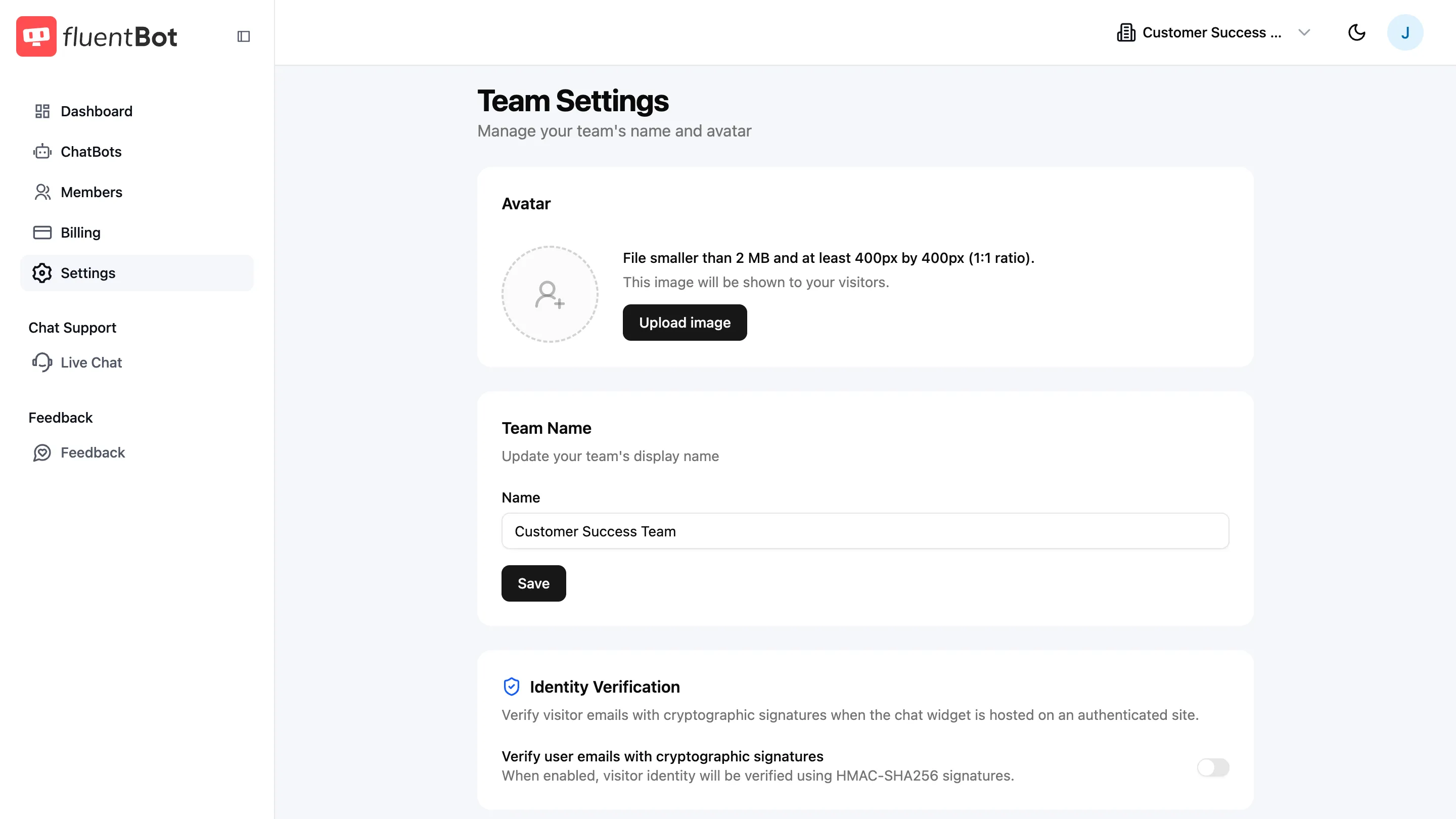 Team Settings page showing the Identity Verification card and toggle