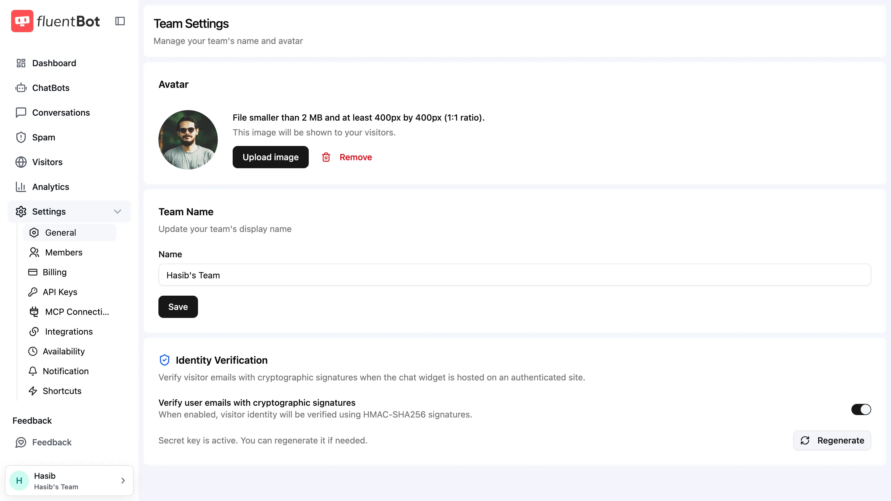 Team Settings page with Team avatar upload, Team Name field, and Identity Verification toggle