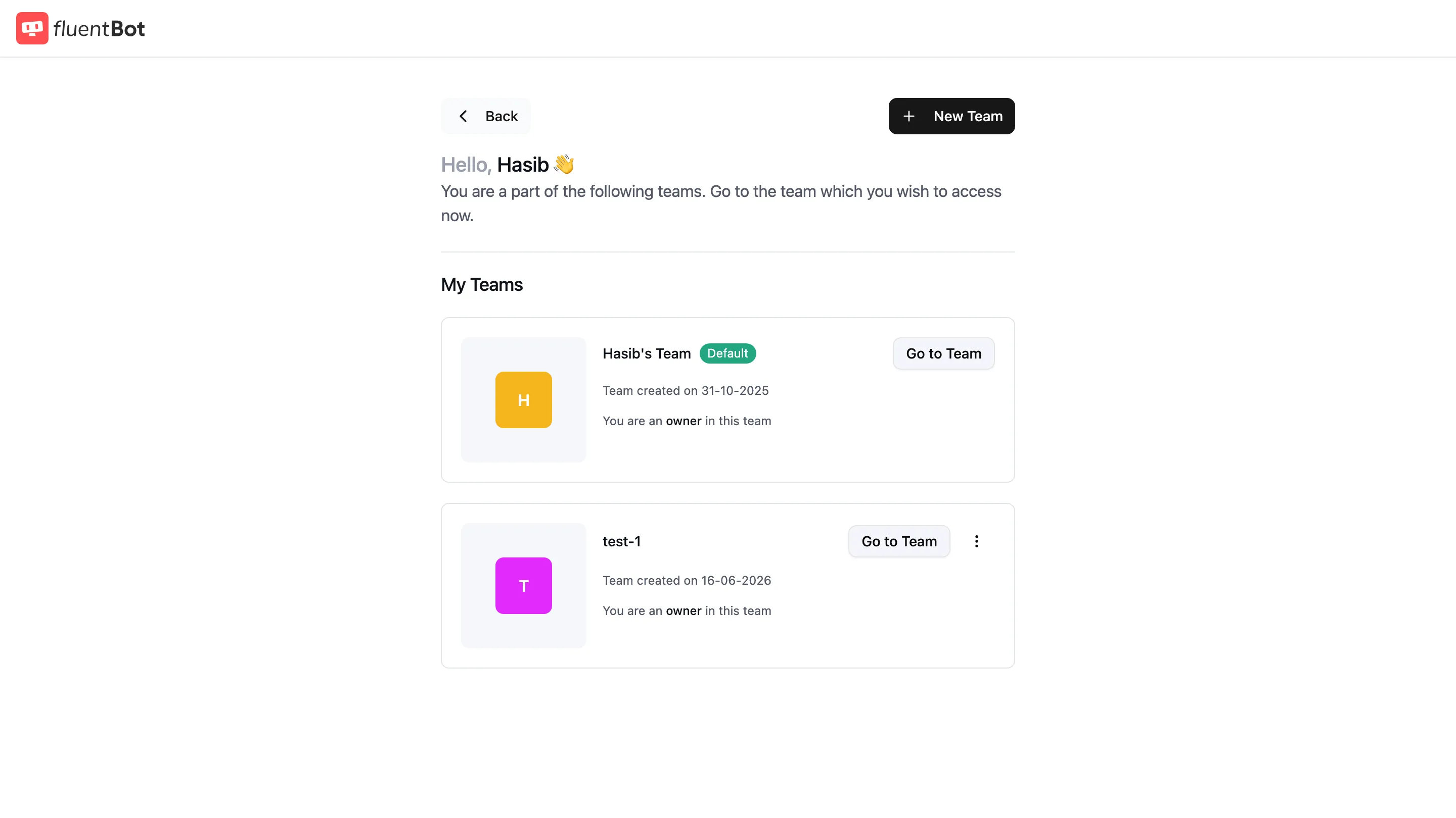 My Teams page showing the owned team marked Default with Go to Team buttons and a New Team button