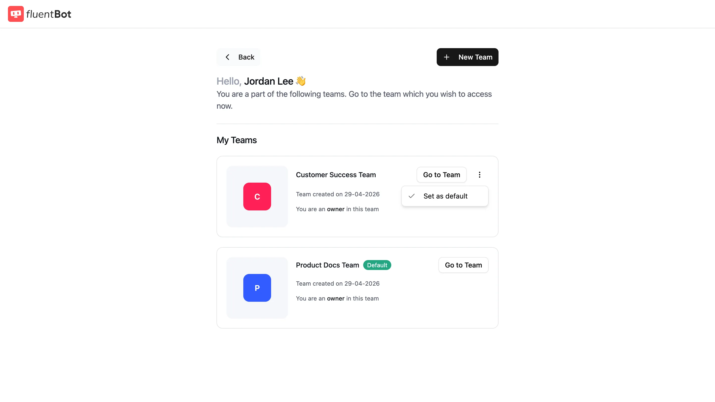 My Teams page showing Product Docs Team as Default and Customer Success Team actions menu with Set as default