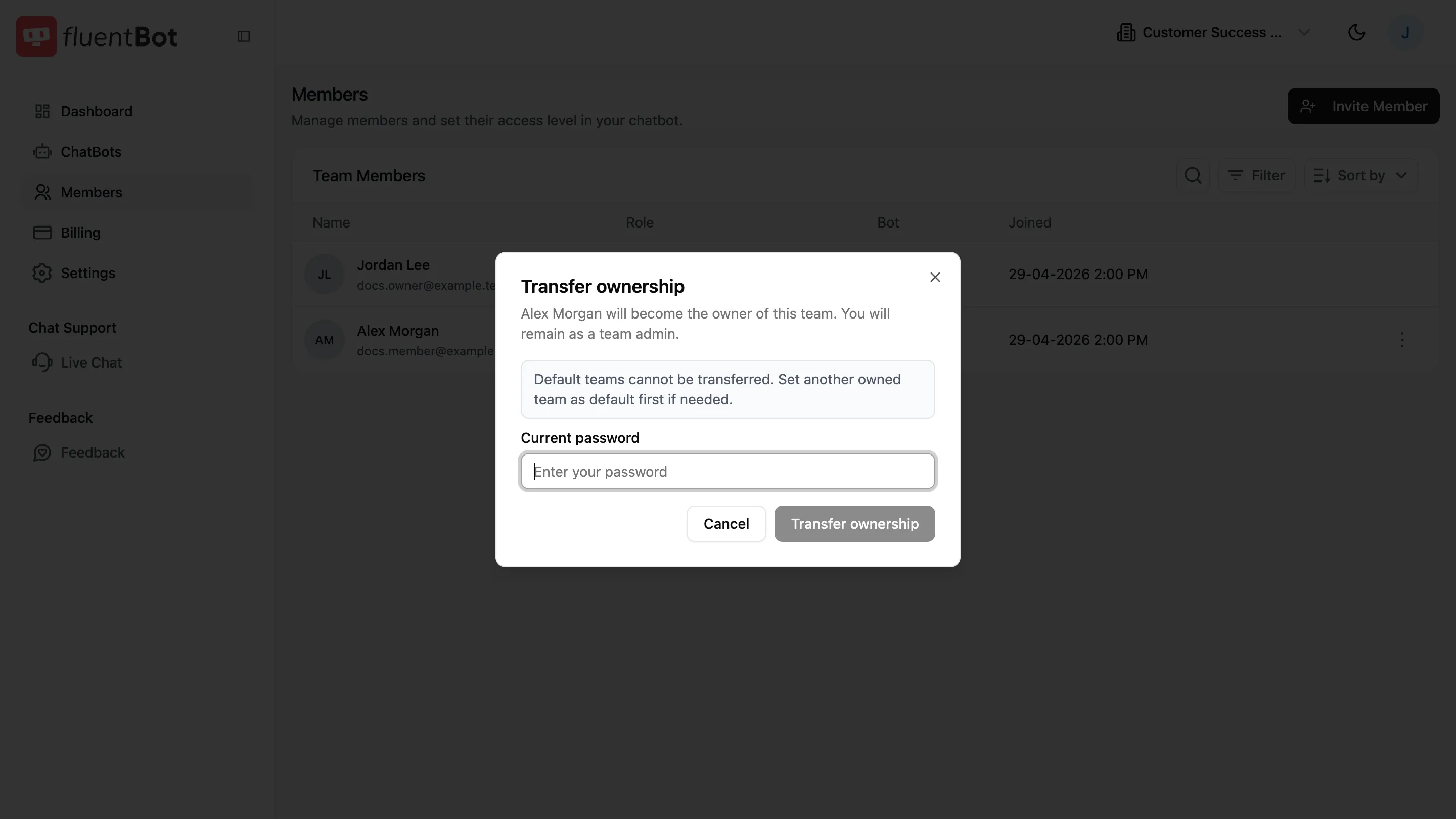 Transfer ownership dialog asking for the current password and explaining that the selected member becomes owner