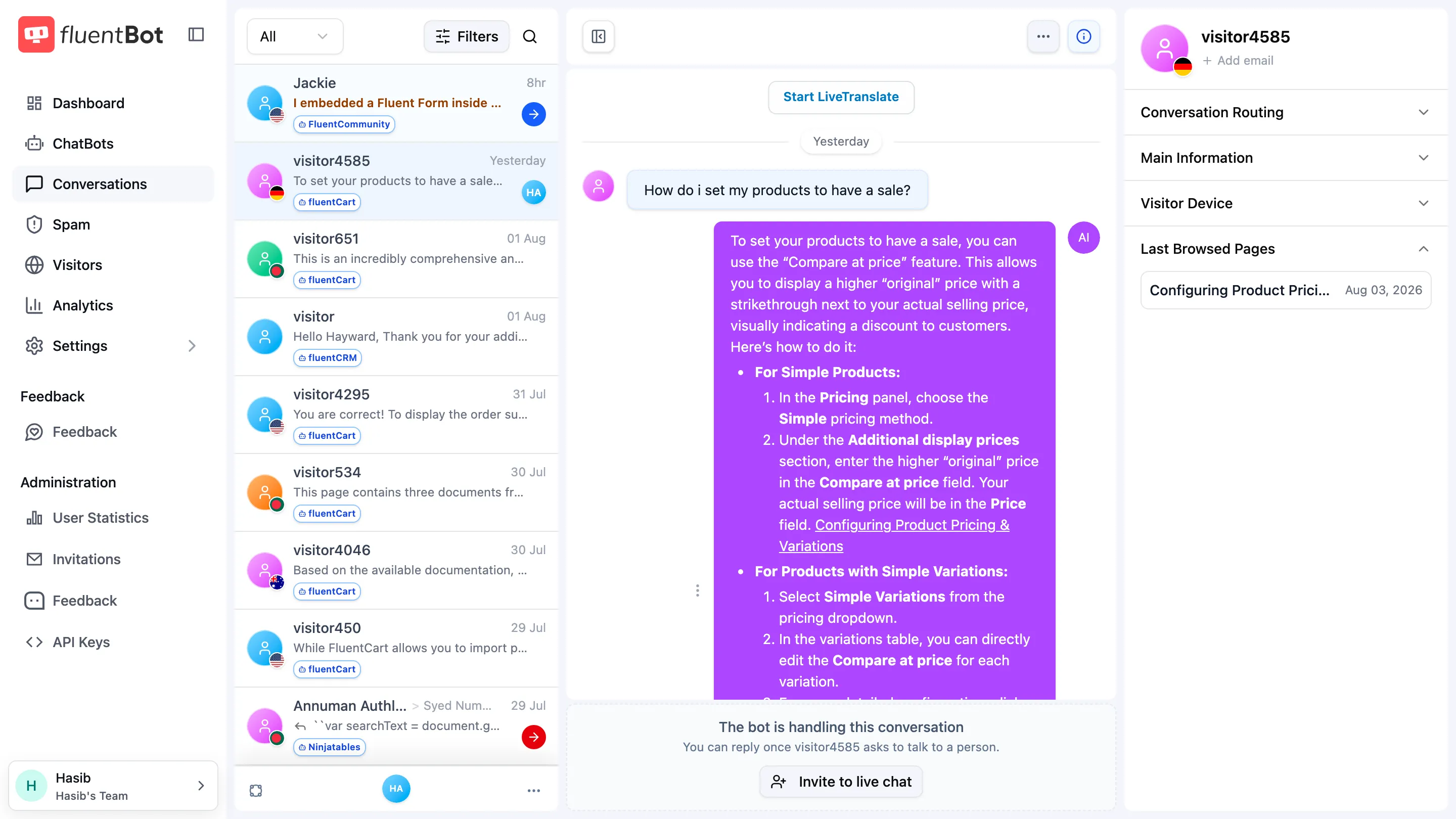 Live chat visitor panel showing visitor information with the email field and Add email action