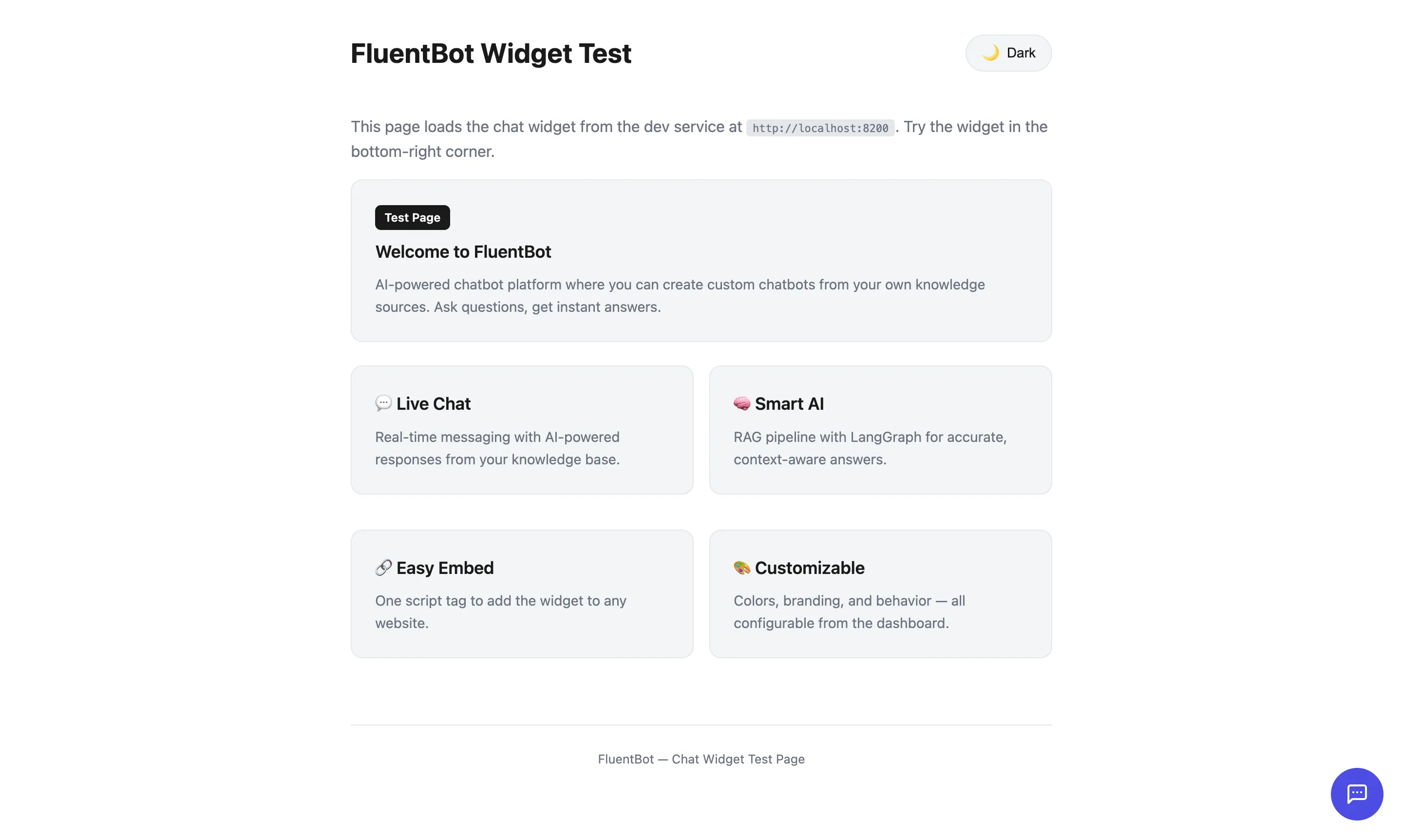 Sample test page with the chat-widget bubble visible in the bottom-right