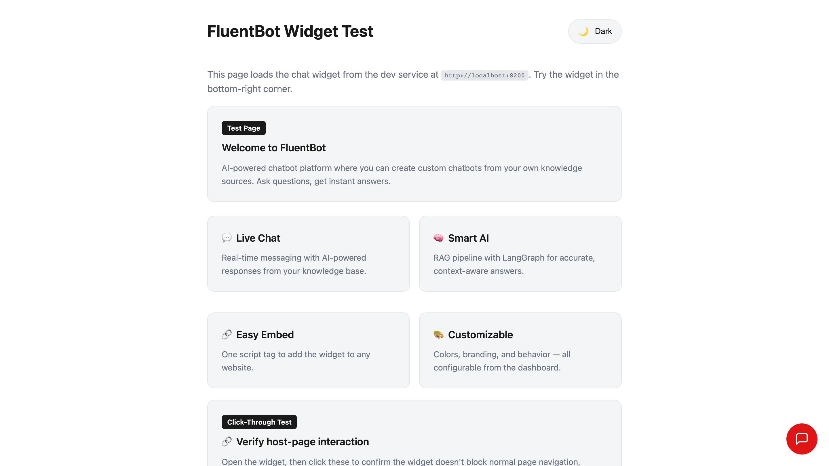 Sample test page with the chat-widget bubble visible in the bottom-right