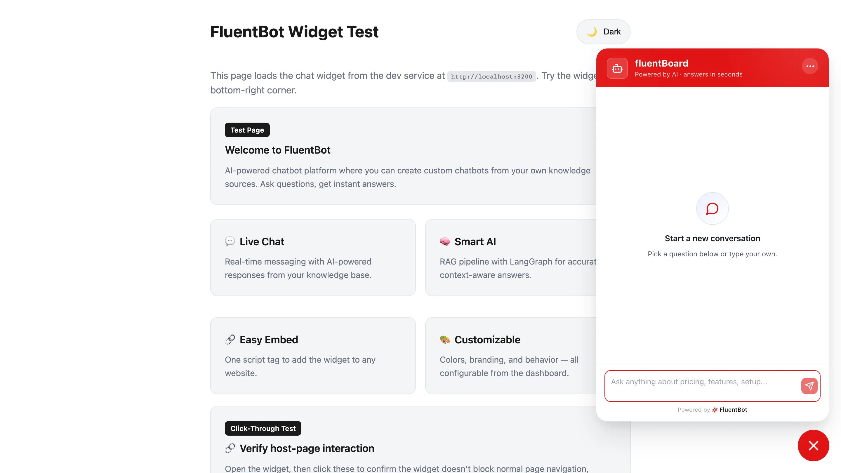 Widget expanded showing the bot greeting and compose box