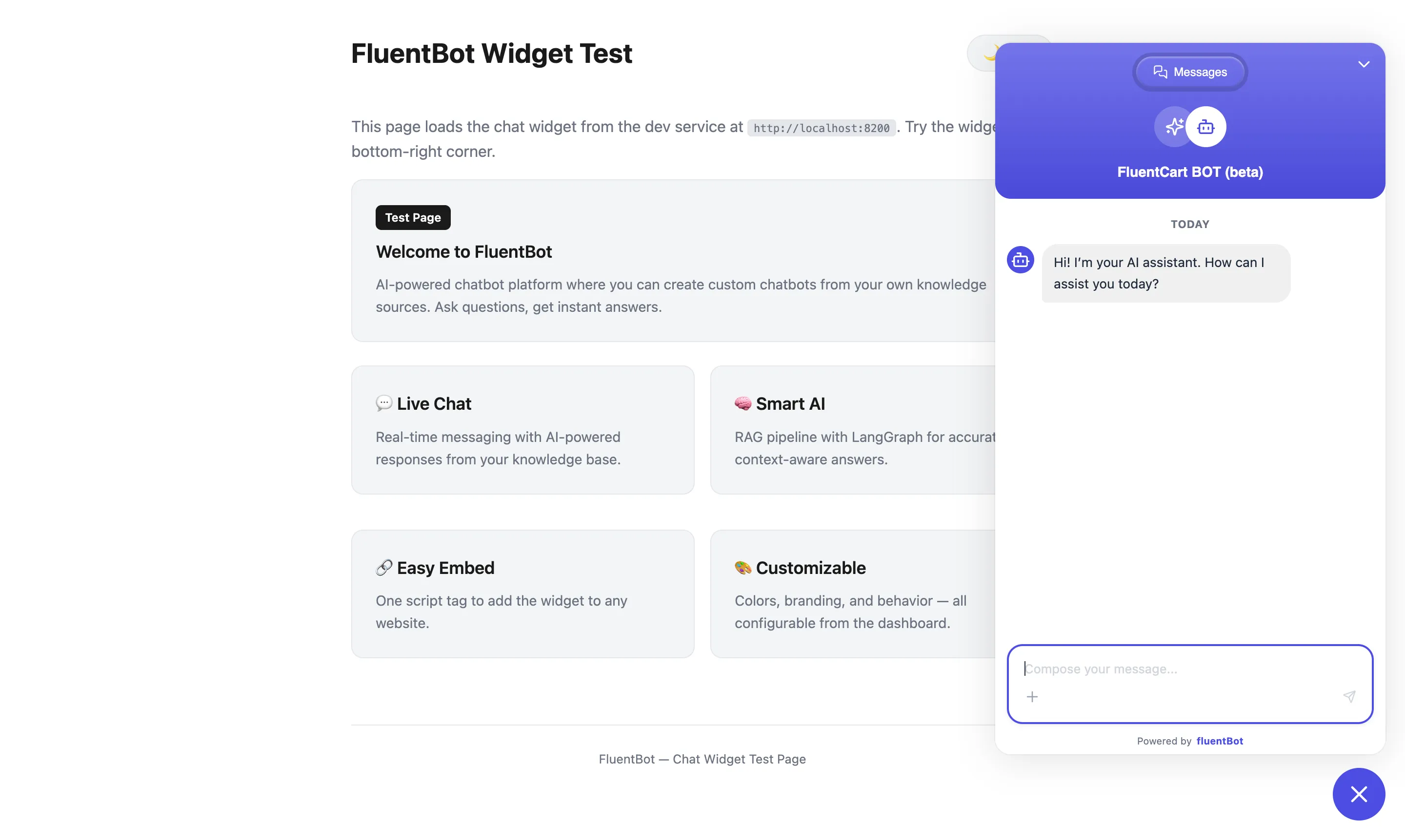Widget expanded showing the bot greeting and compose box