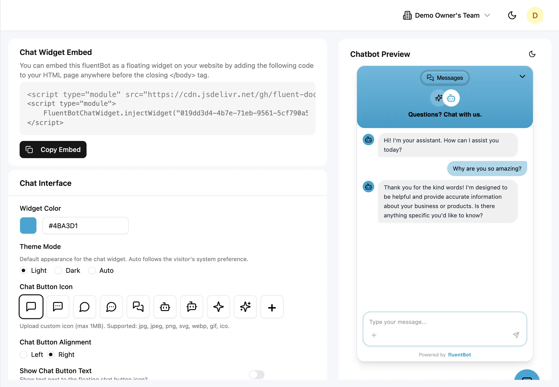 Appearance page with chat widget embed code, interface controls, color and icon settings, and a live chatbot preview