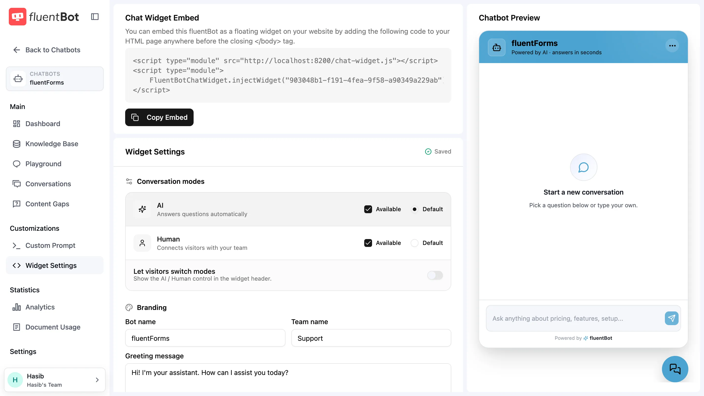 Widget Settings page with chat widget embed code, conversation modes, branding and color controls, and a live chatbot preview