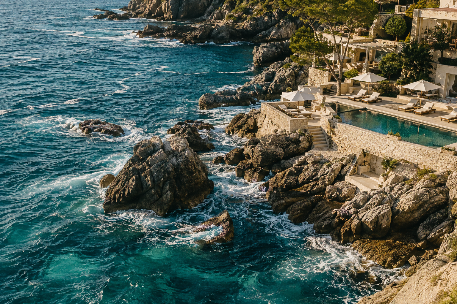 Emerald ocean waves beside a boutique coastal hotel