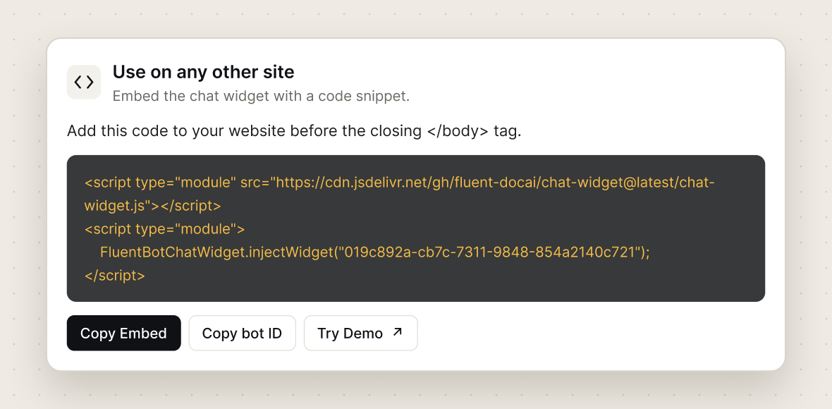Embed snippet for any website, with the widget live on a site