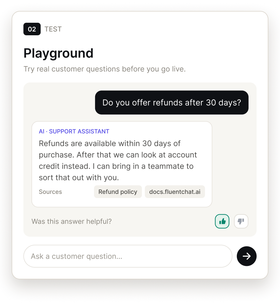 Playground testing a customer question with cited sources