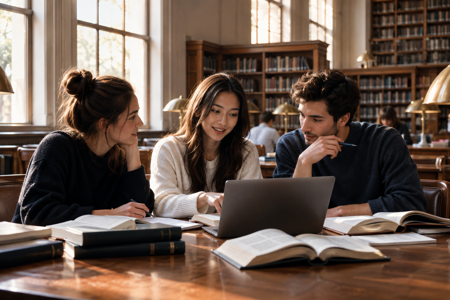 Students learning together in a sunlit university library