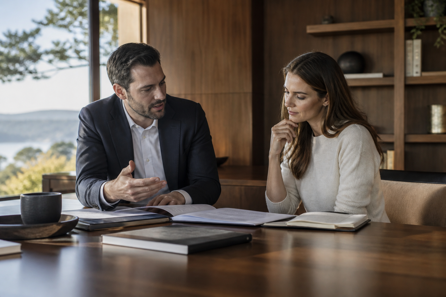 A consultant and client in conversation at an office table